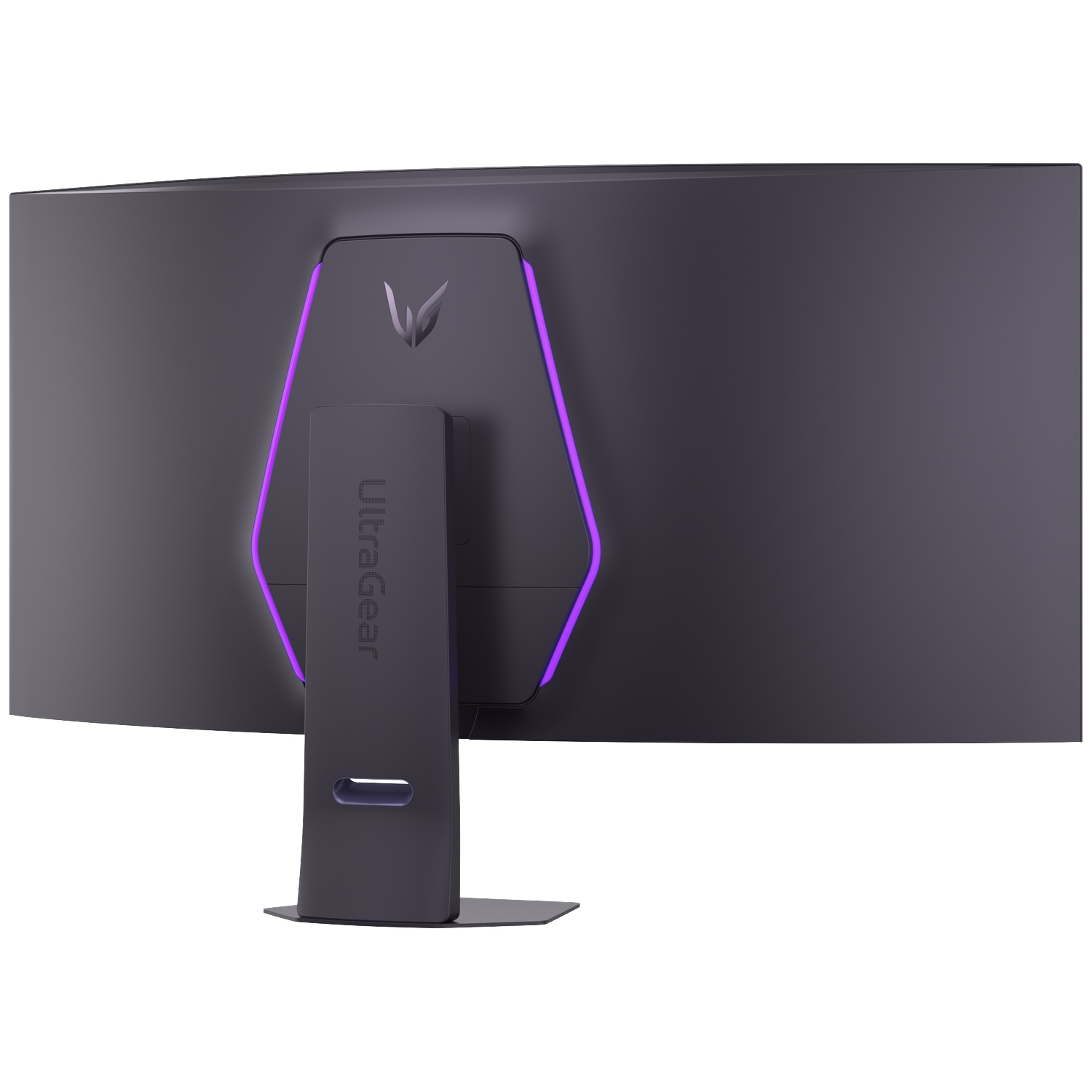 Arrière d'un moniteur sombre avec éclairage d'accentuation violet et logo LG.