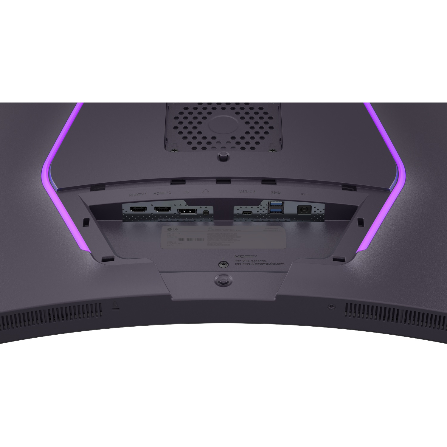 Vue arrière d'un moniteur montrant les ports : HDMI, DP, USB-C et audio. Accent de lumière violette.