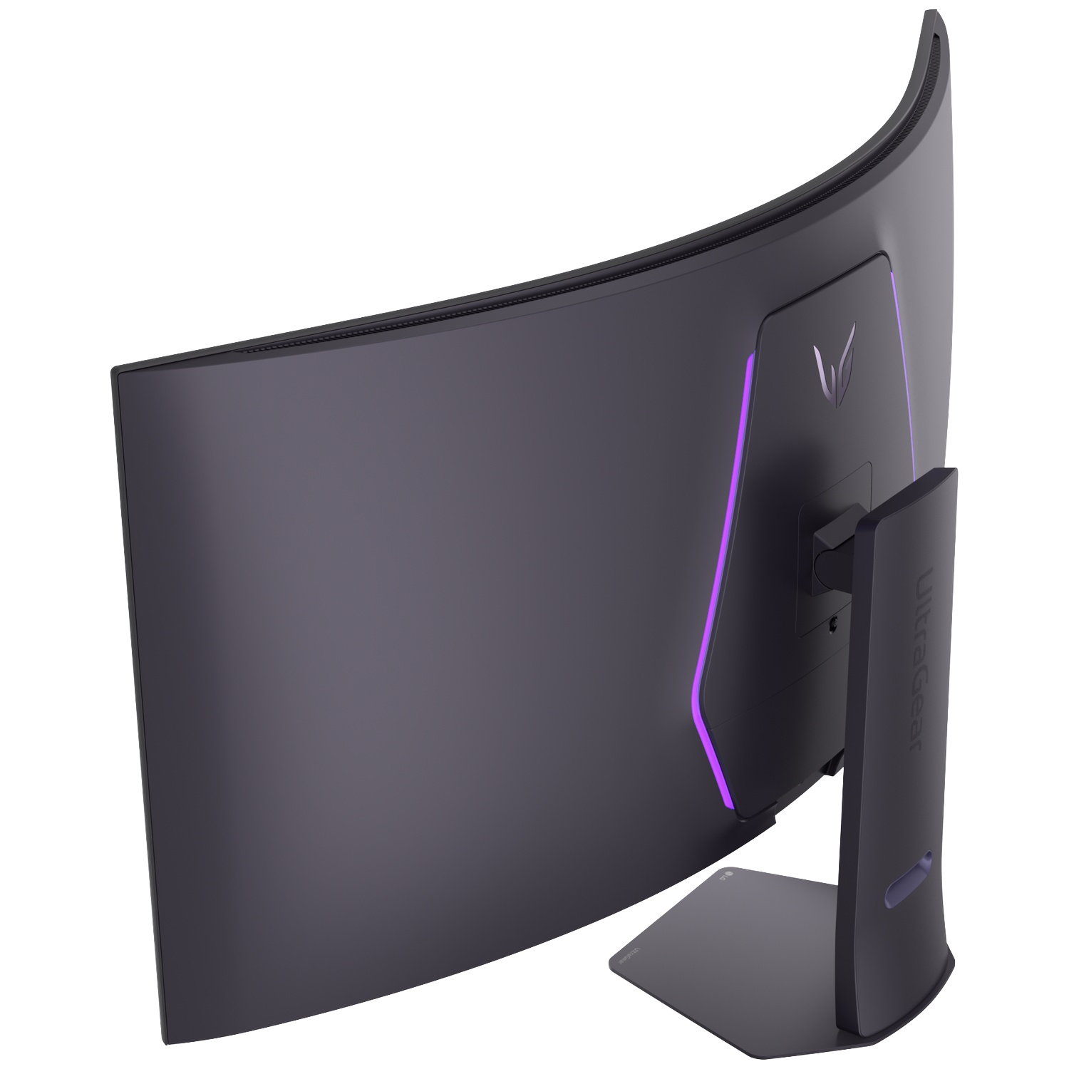Arrière d'un moniteur incurvé avec éclairage violet et logo LG Ultragear.