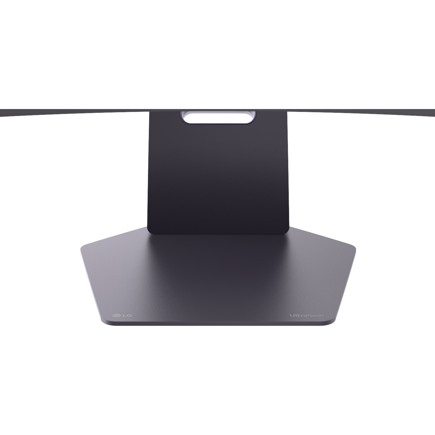 Un support de moniteur sombre avec une base hexagonale plate et un pied vertical.
