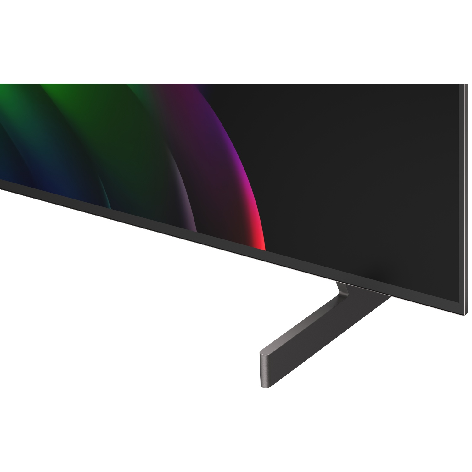 Gros plan d'un écran de télévision avec un pied sombre et des lumières colorées.