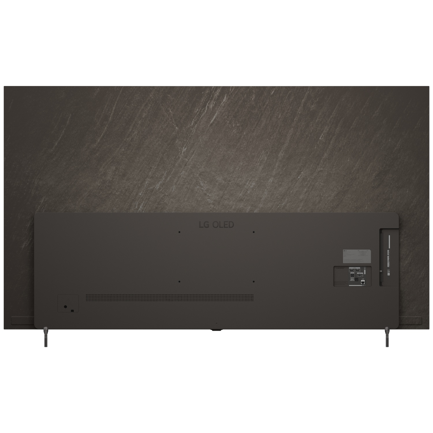 Arrière d'un téléviseur LG OLED sombre avec ports et aérations. Pieds en bas.