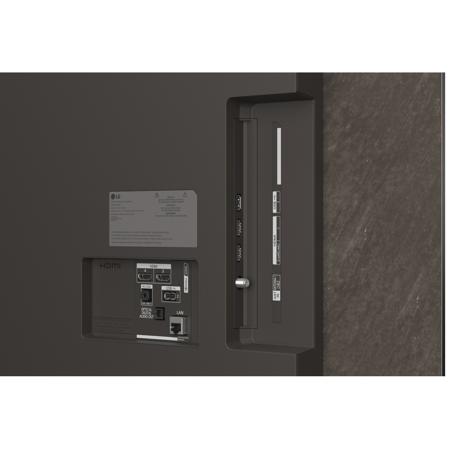 Panneau arrière d'un téléviseur montrant les ports : HDMI, USB, LAN, optique, RS-232C.