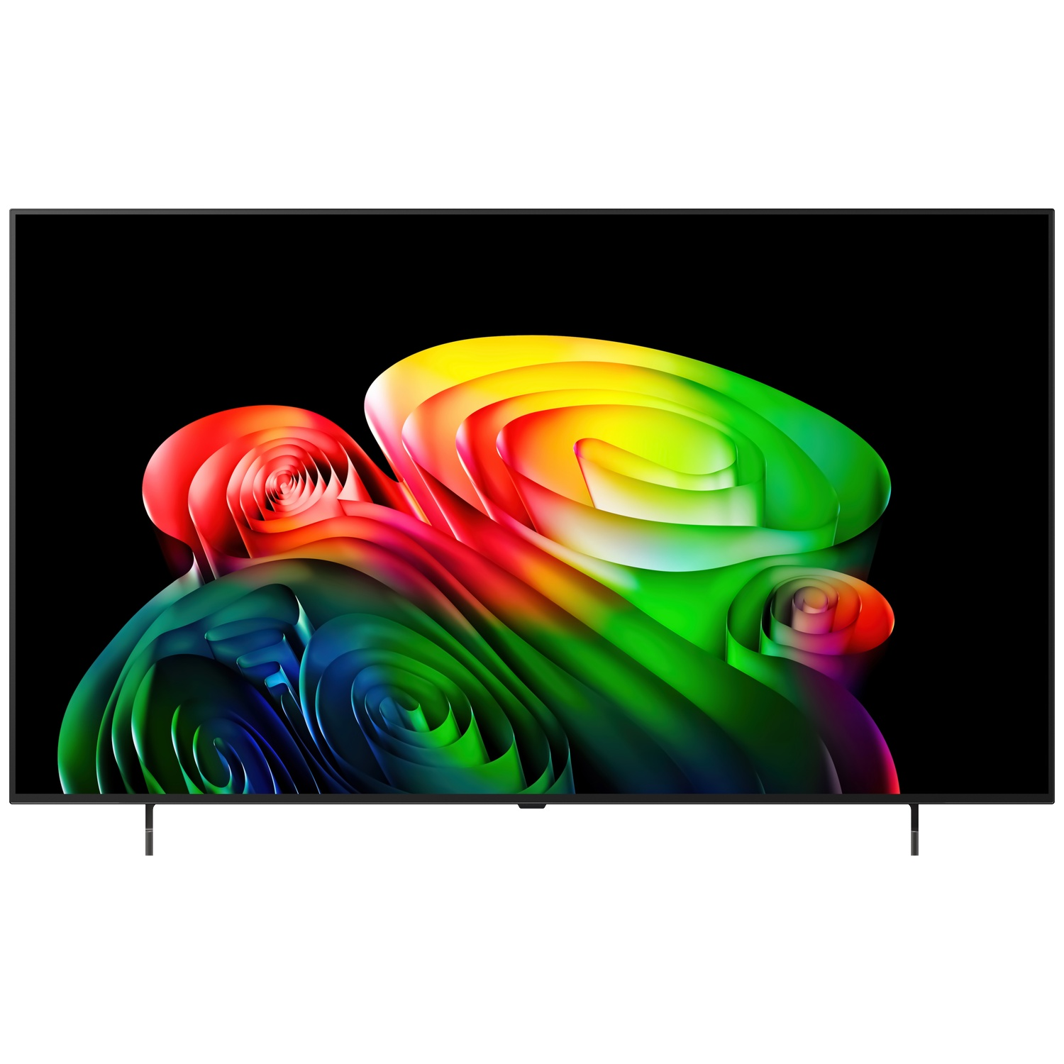 Un téléviseur noir élégant affiche un tourbillon abstrait et vibrant de couleurs : rouge, orange, jaune, vert et bleu.