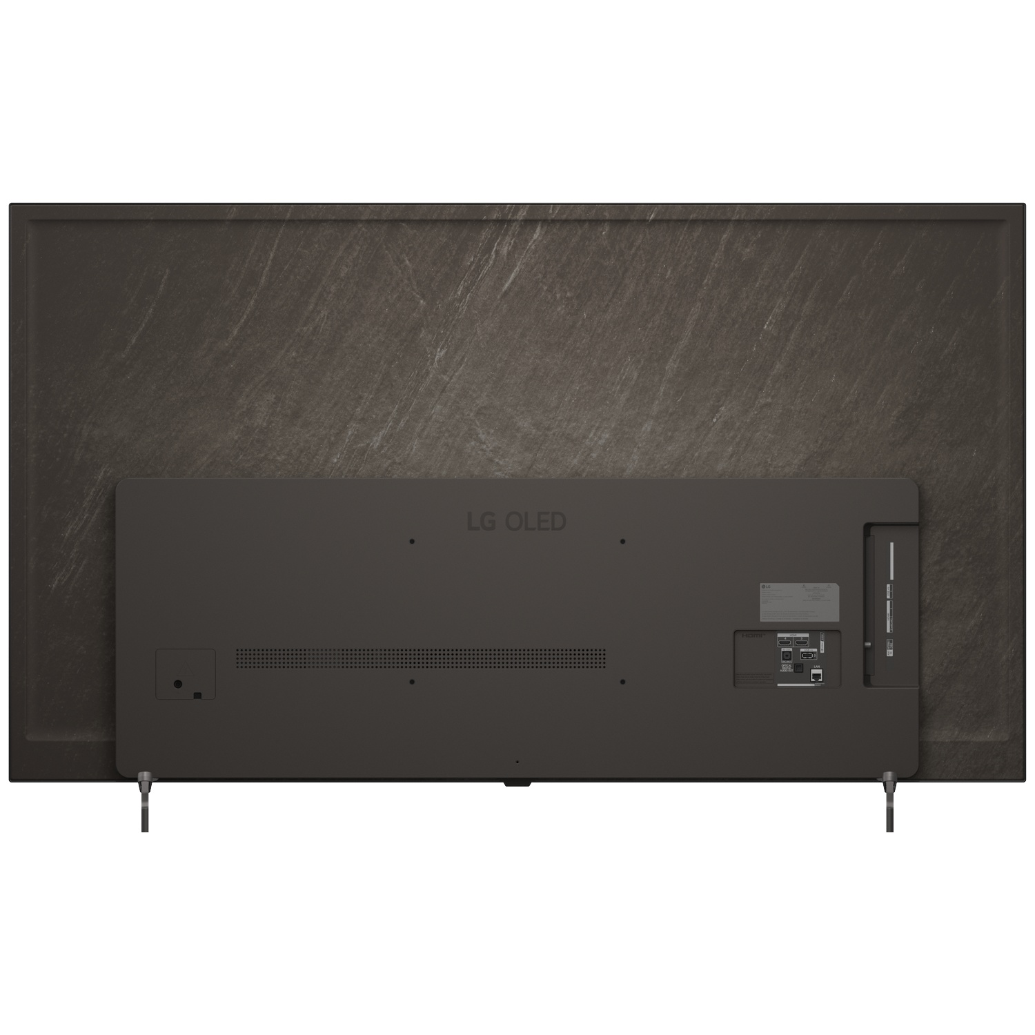 Arrière d'un téléviseur LG OLED montrant les ports et un motif de pierre sombre.
