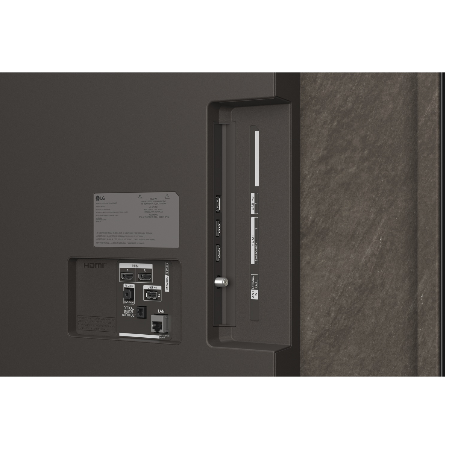 Arrière d'un téléviseur montrant les ports HDMI, USB, LAN et sortie audio optique.