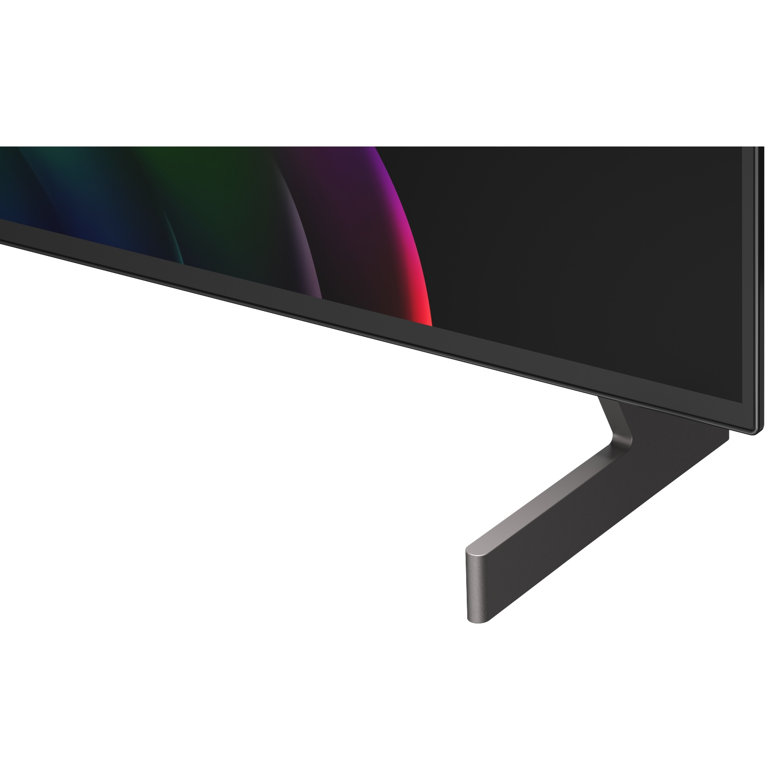 Une télévision moderne avec un support gris affiche un fond abstrait coloré.