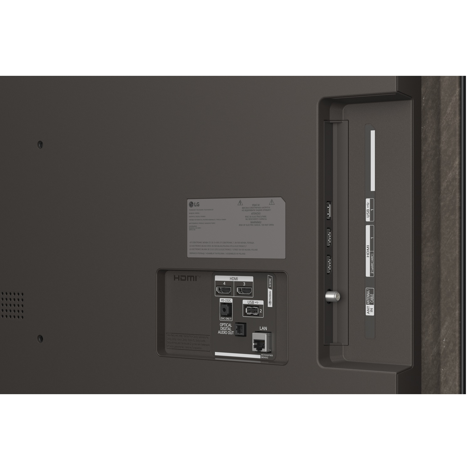 Arrière d'un téléviseur LG montrant les ports : HDMI, USB, LAN, Antenne, Optique.