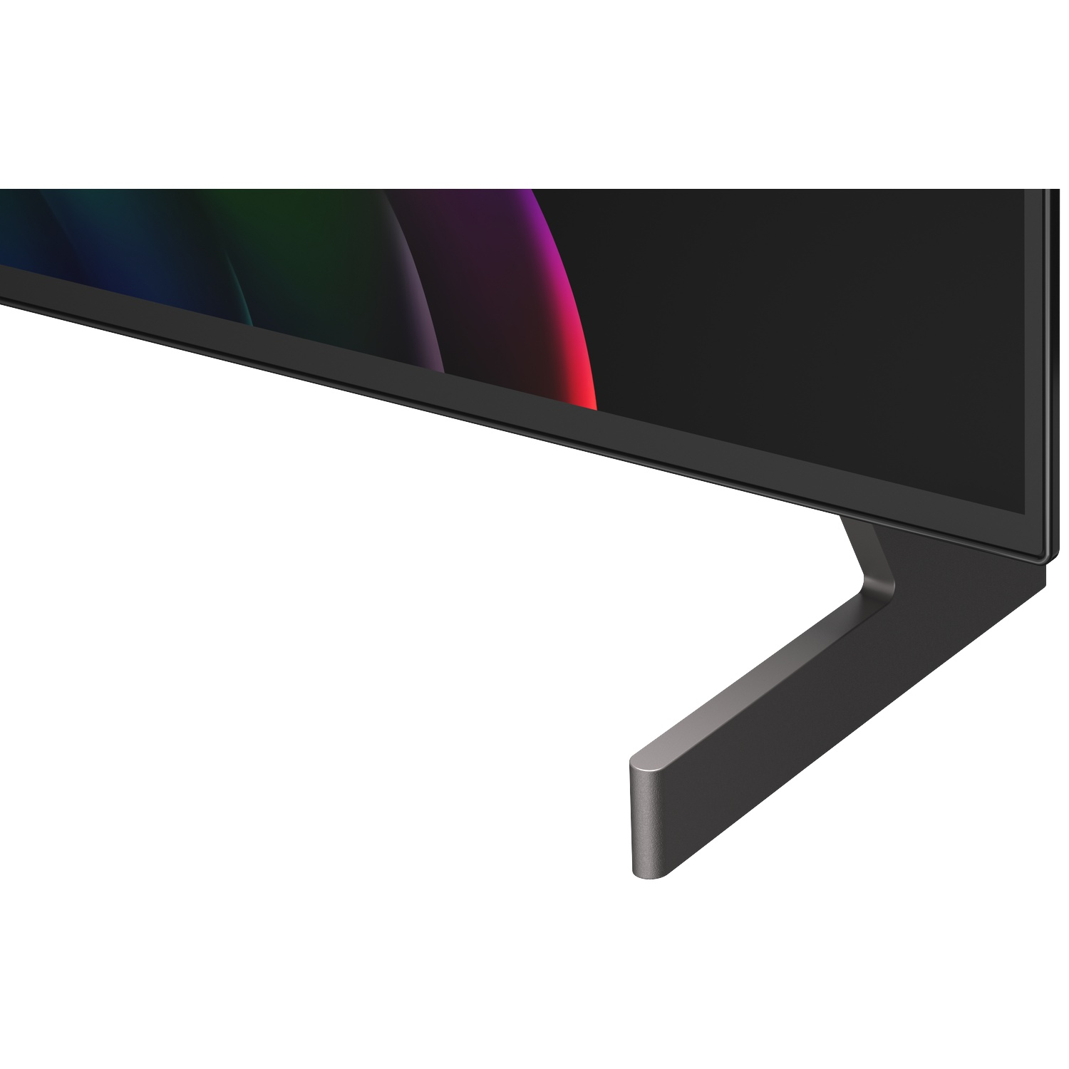 Un pied sombre soutient une TV moderne affichant un fond coloré.