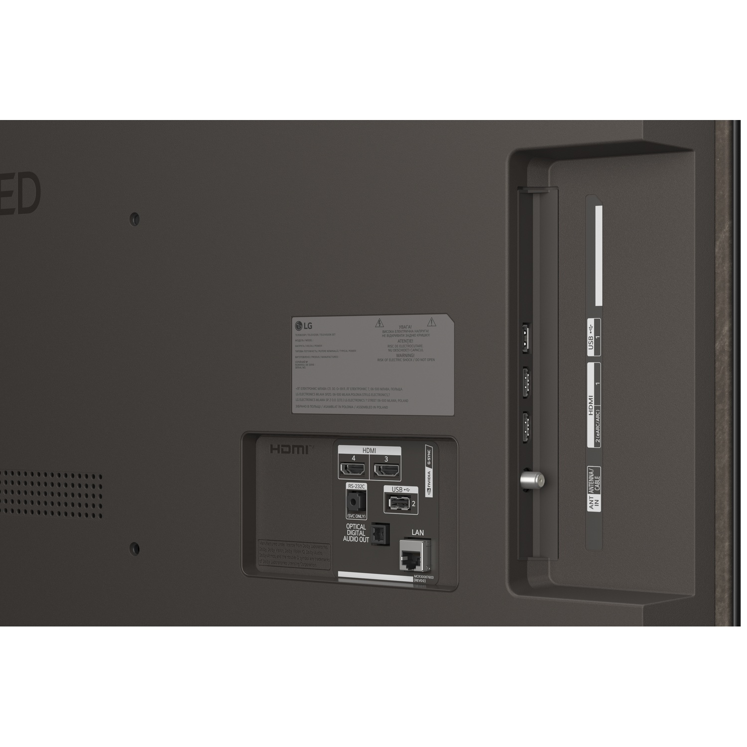 Arrière d'un téléviseur montrant les ports : HDMI, USB, LAN, Antenne.