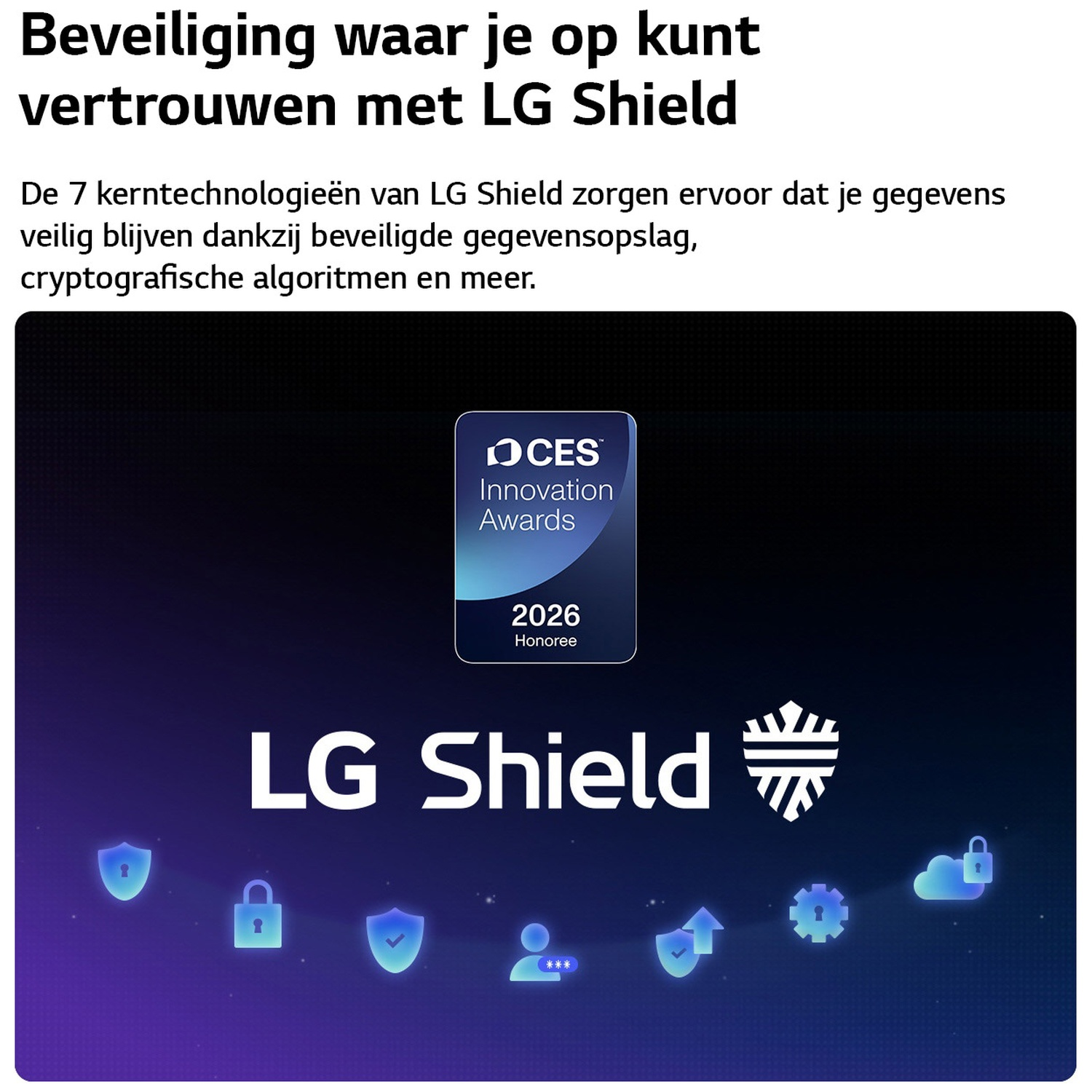 Logo LG Shield avec prix CES Innovation 2026 et icônes de sécurité.
