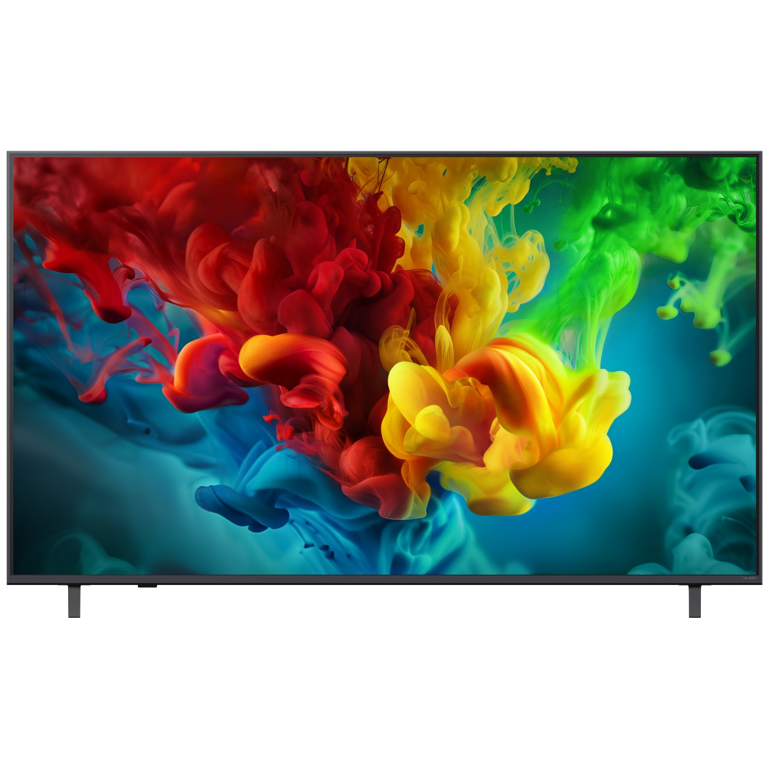 A modern TV displays a vibrant cloud of red, yellow, and green ink.
