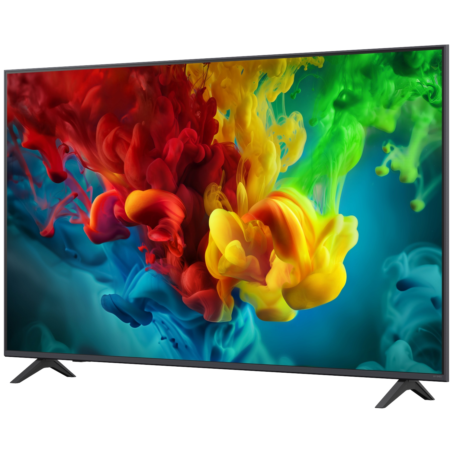 A modern black flat-screen TV displays vibrant red, yellow, and green ink clouds on a blue background.