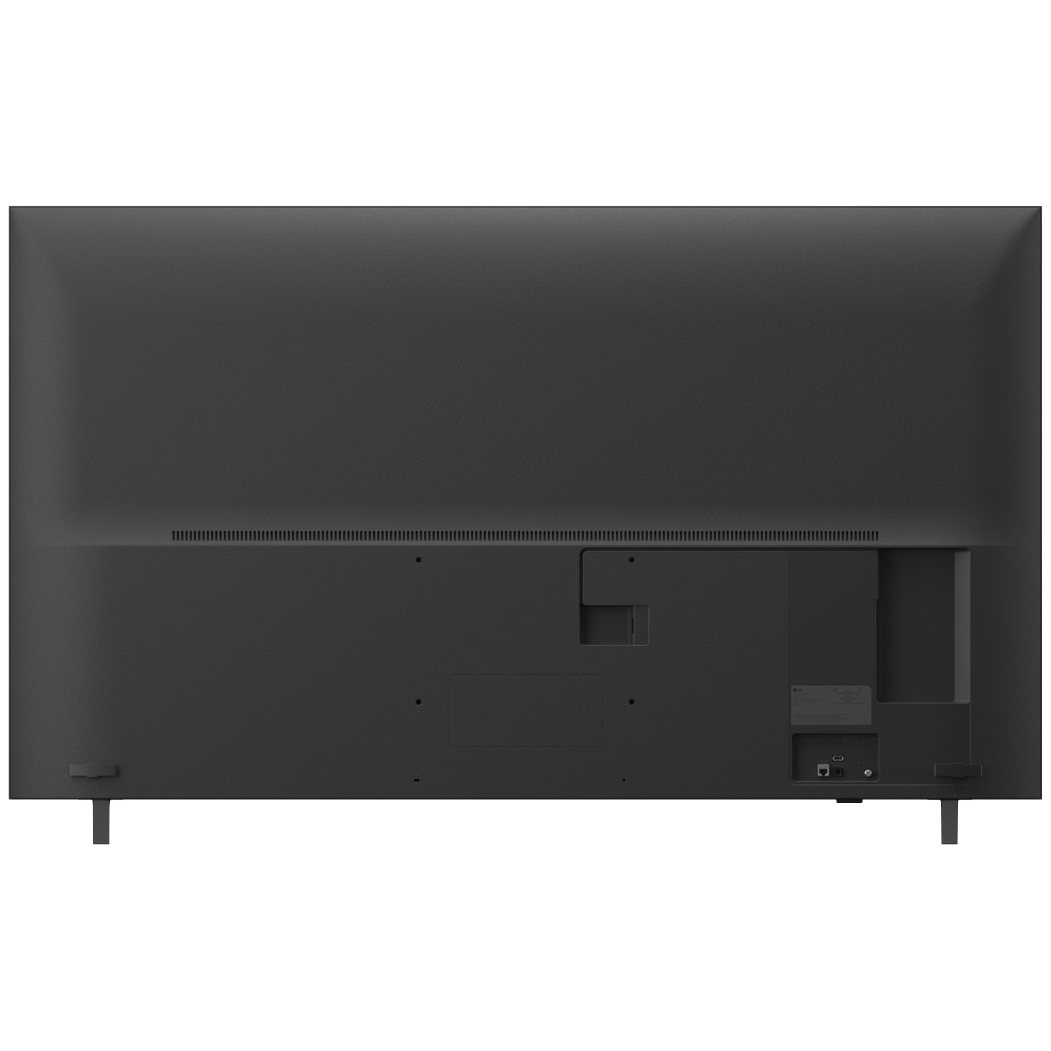 Back of a black television with ports and stands.
