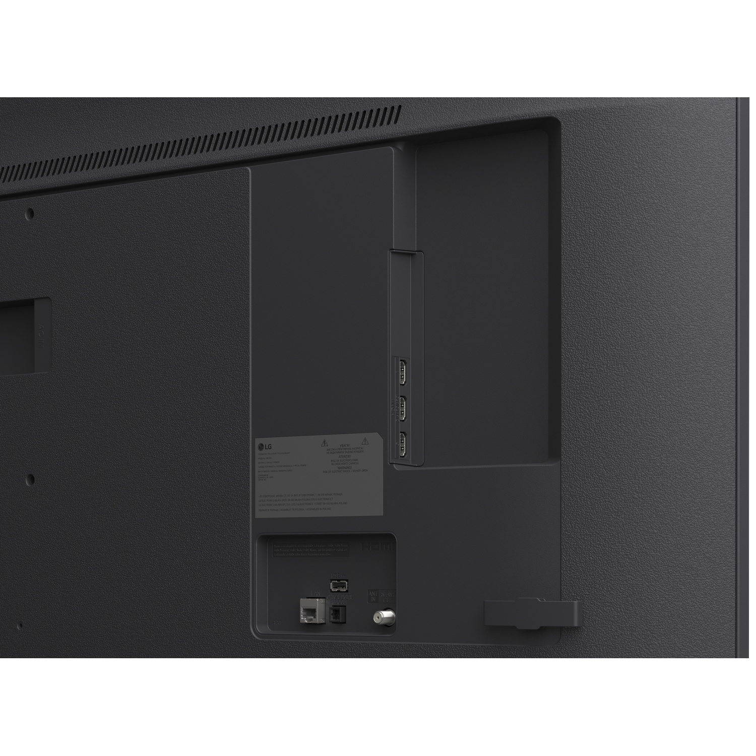 The back of a TV showing ports like HDMI, LAN, and antenna input.