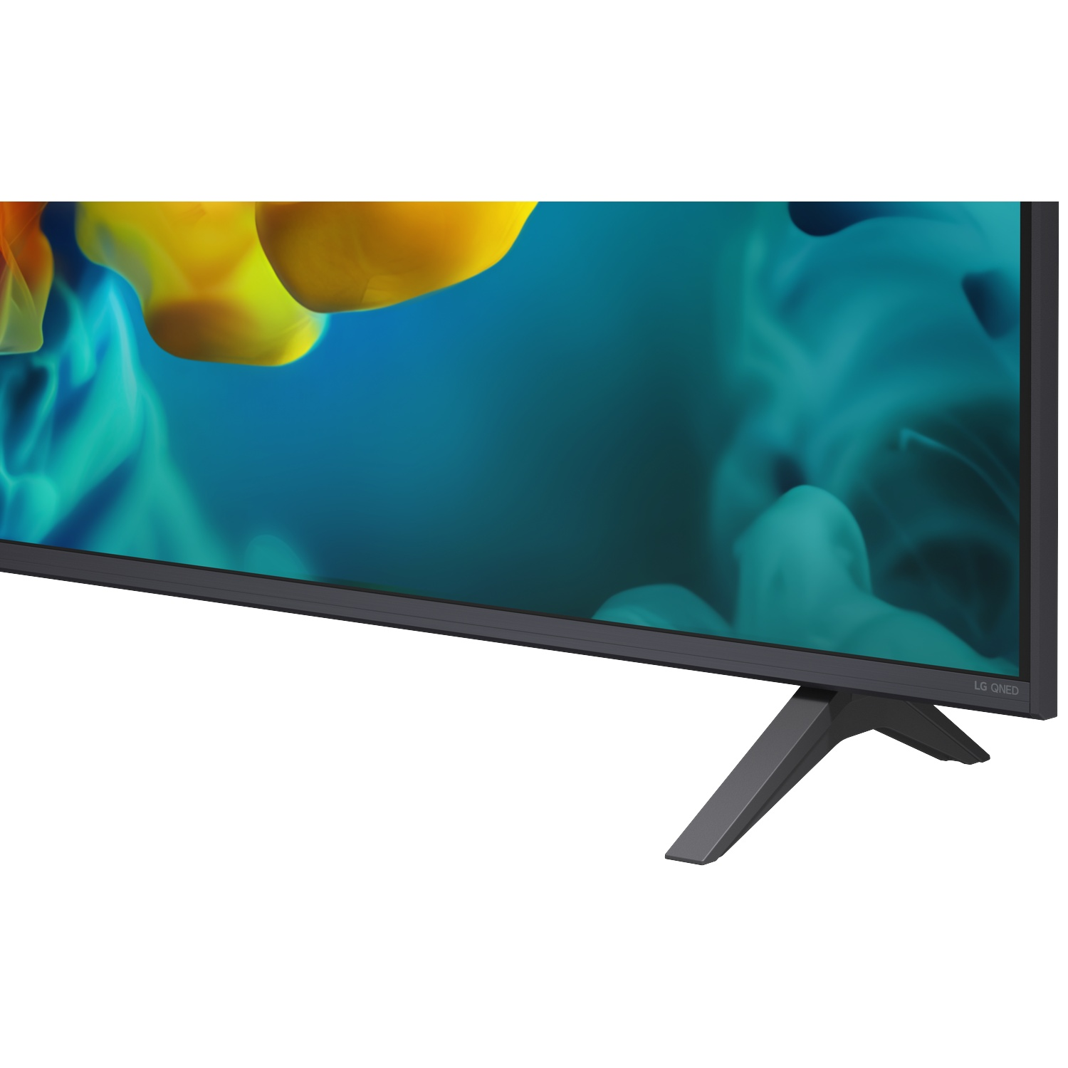 A modern LG QNED TV displaying abstract yellow and blue smoke clouds on screen.
