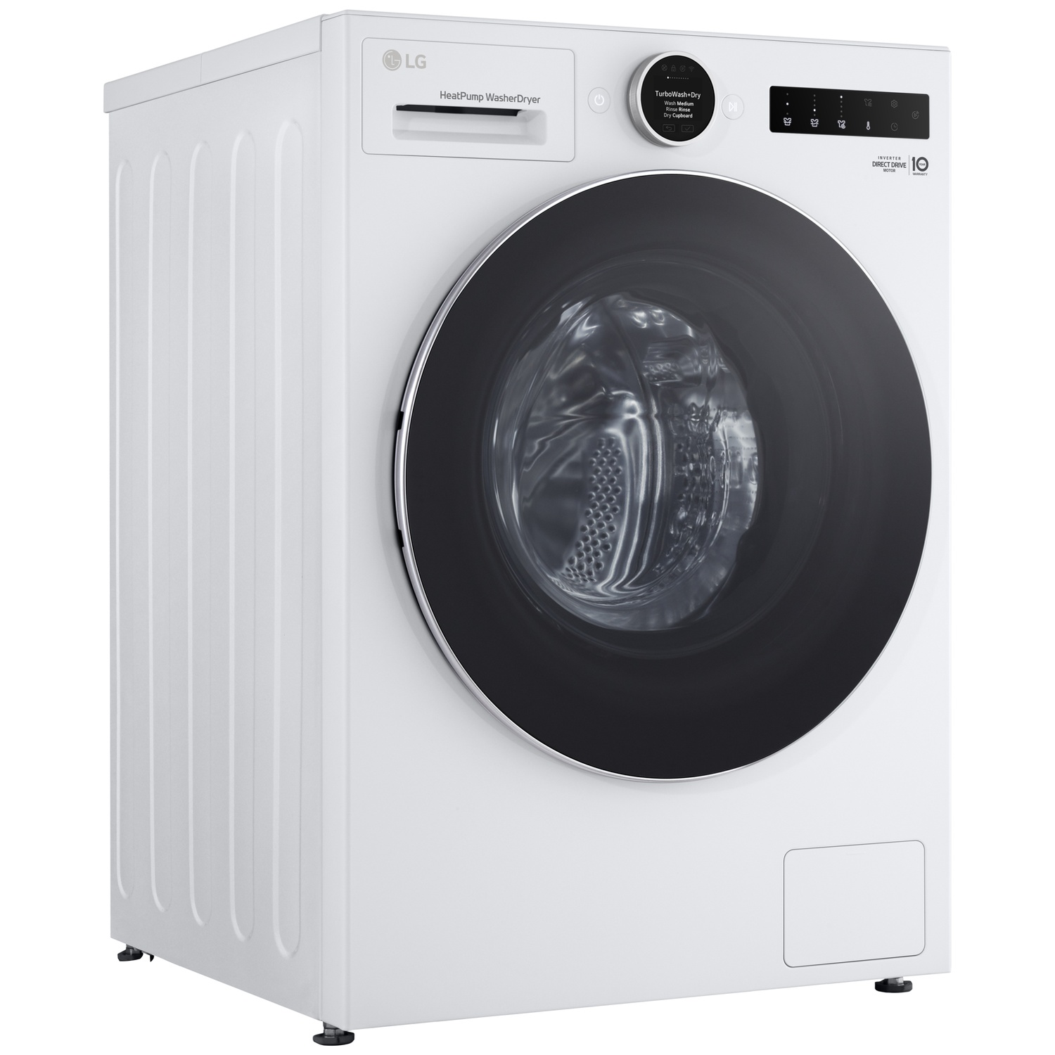 Witte LG voorlader was-droogcombinatie met zwarte deur en bedieningspaneel.
