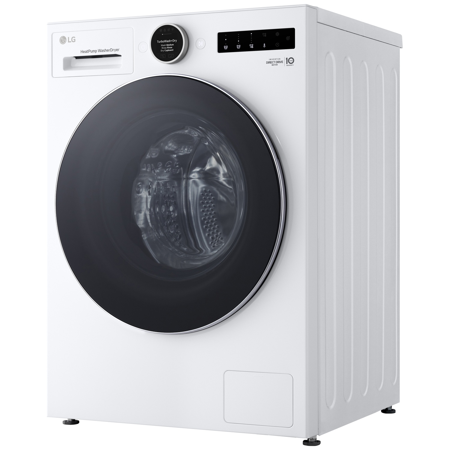 Witte LG was-droogautomaat met grote ronde deur en digitaal display.