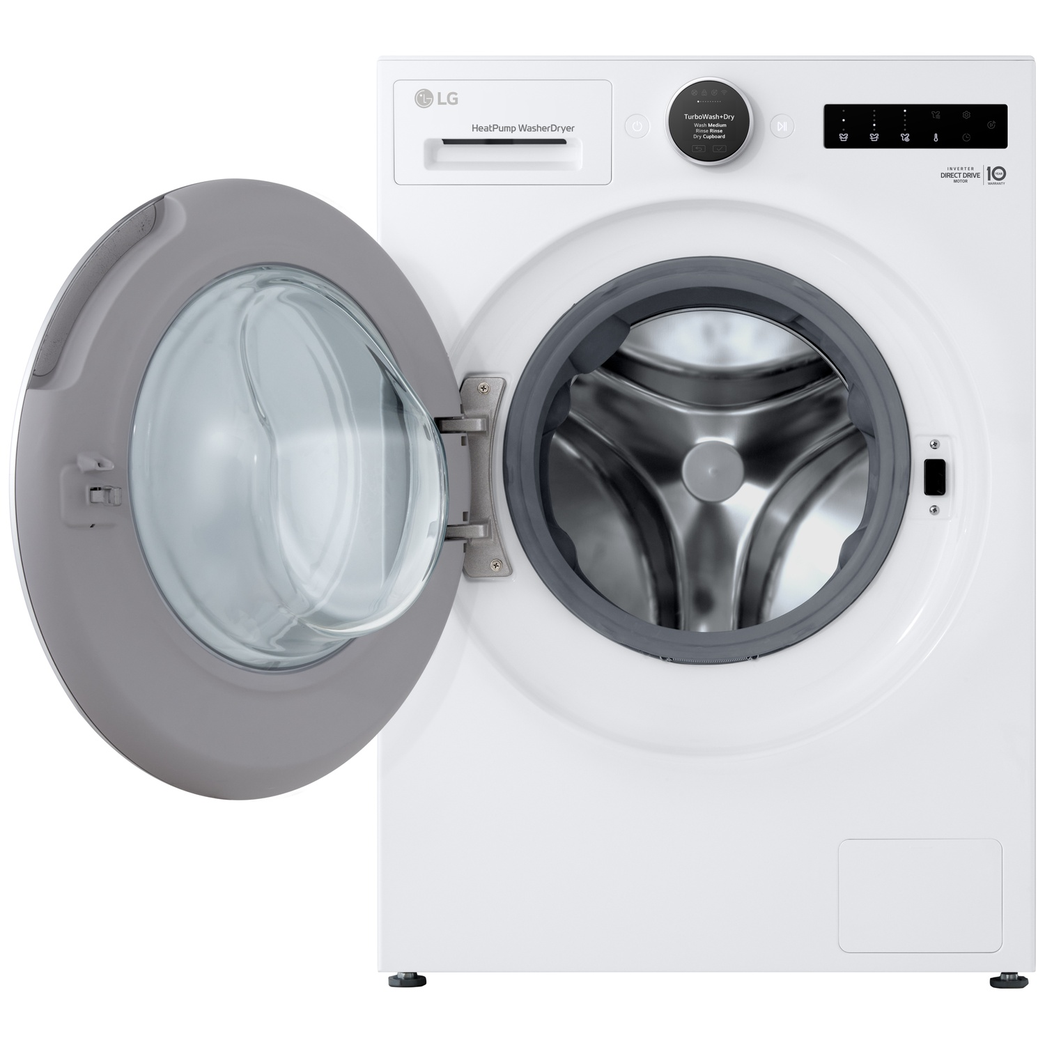 Witte LG wasmachine met geopende deur, zilvere trommel binnenzijde.