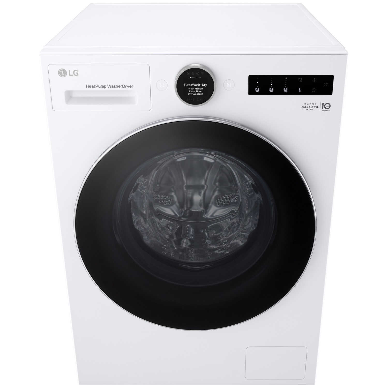 Witte LG Warmtepomp Wasdroger met zwart glazen deur en digitaal display.