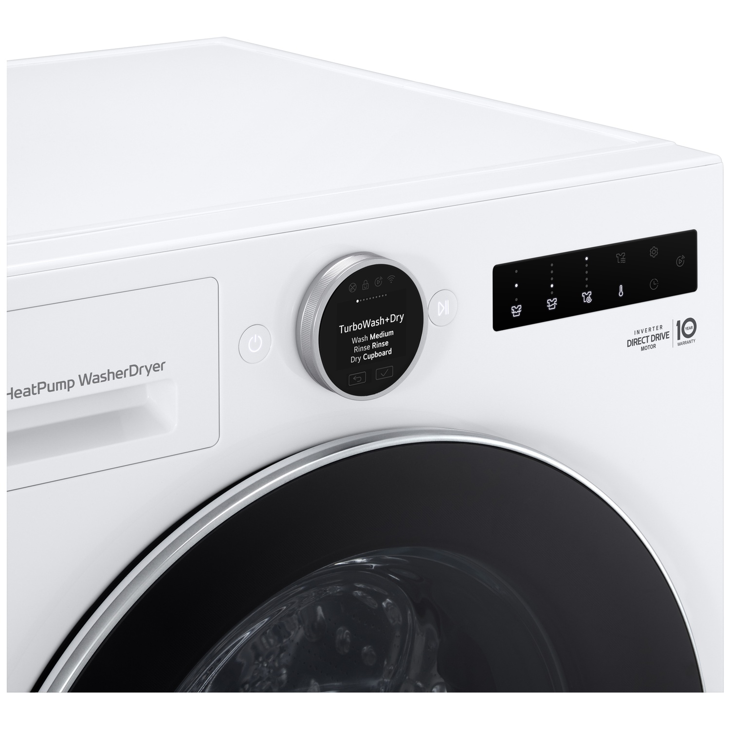 Witte HeatPump was-droogcombinatie met digitaal bedieningspaneel en zilveren draaiknop.