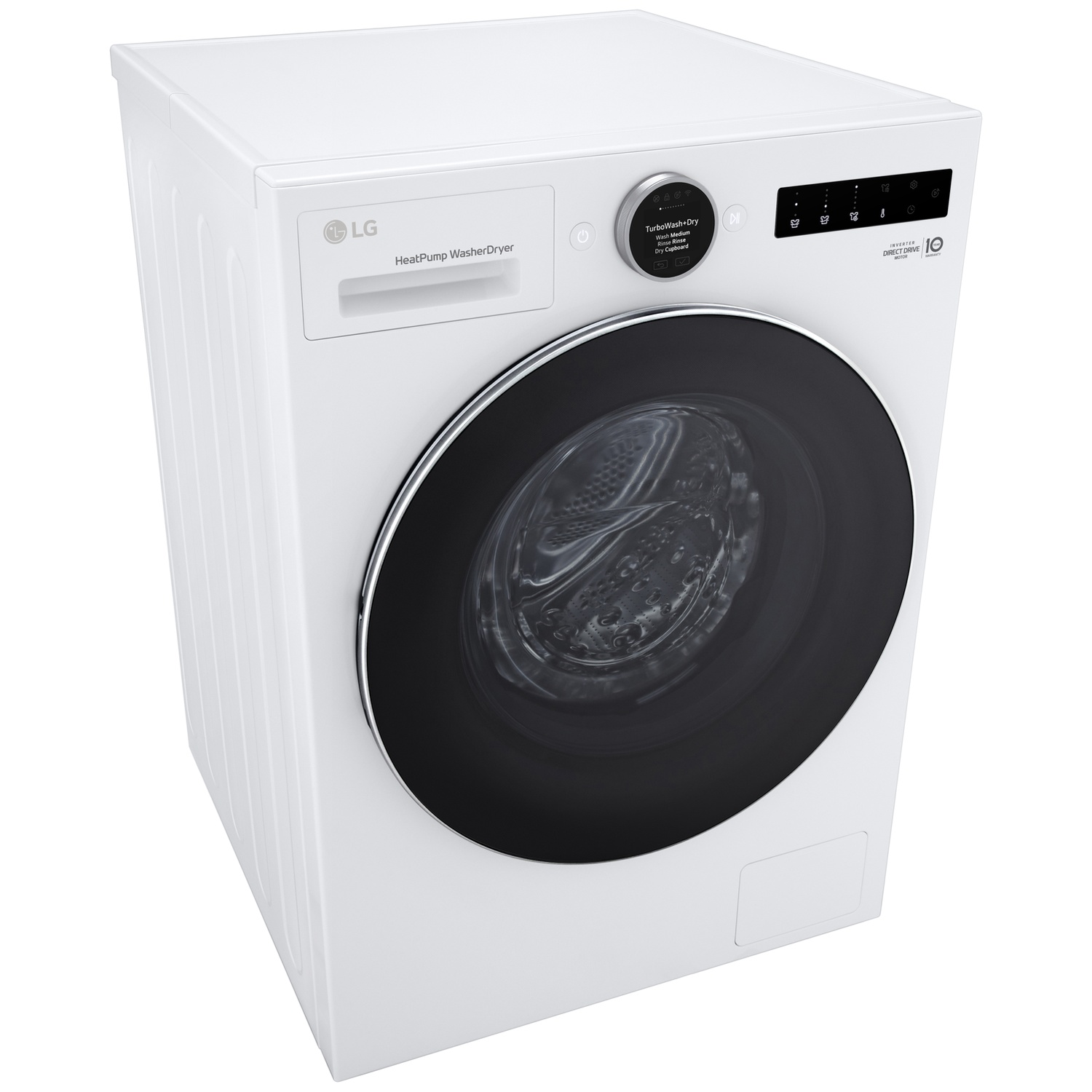 Een witte LG HeatPump was-droogcombinatie met zwart glazen deur en digitaal display.