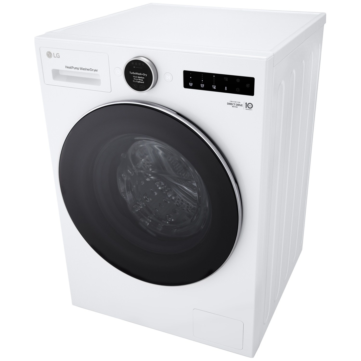 Een witte LG was-droogautomaat met een zwart deurvenster en digitaal bedieningspaneel.