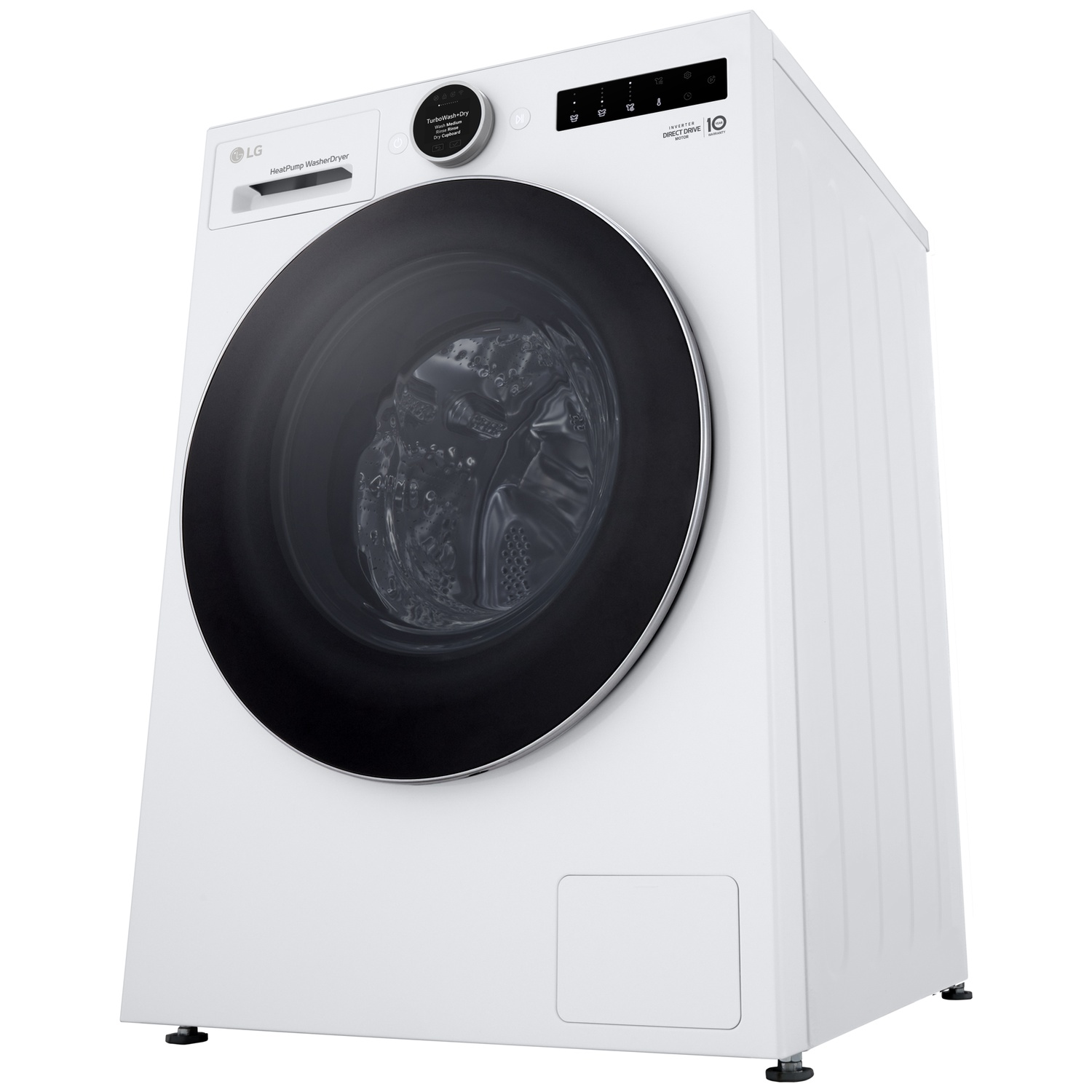 Witte LG warmtepompdroger met zwarte deur en digitaal display.