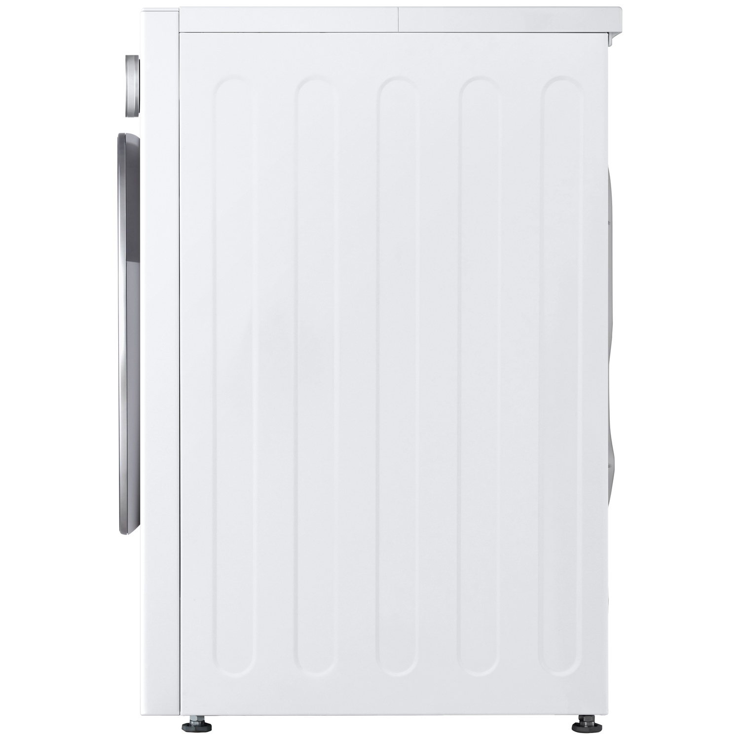 Witte wasmachine van de zijkant met verticale lijnen en een zilveren handgreep.