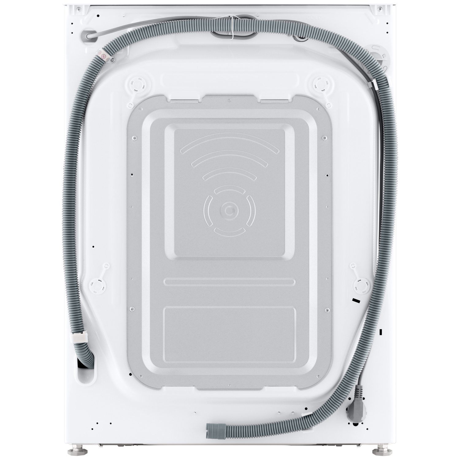 Achterkant van een witte wasmachine met slangen en kabels.