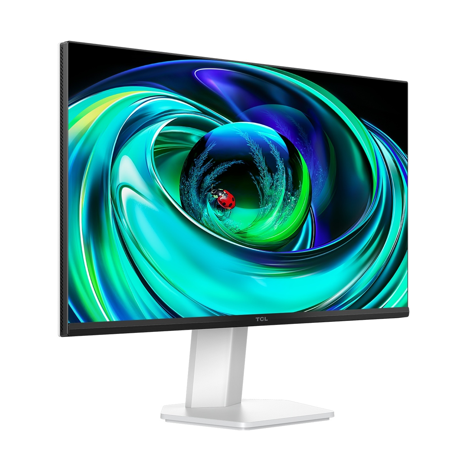 Un monitor TCL mostra uno sfondo astratto vorticoso blu e verde con una grafica di coccinella.