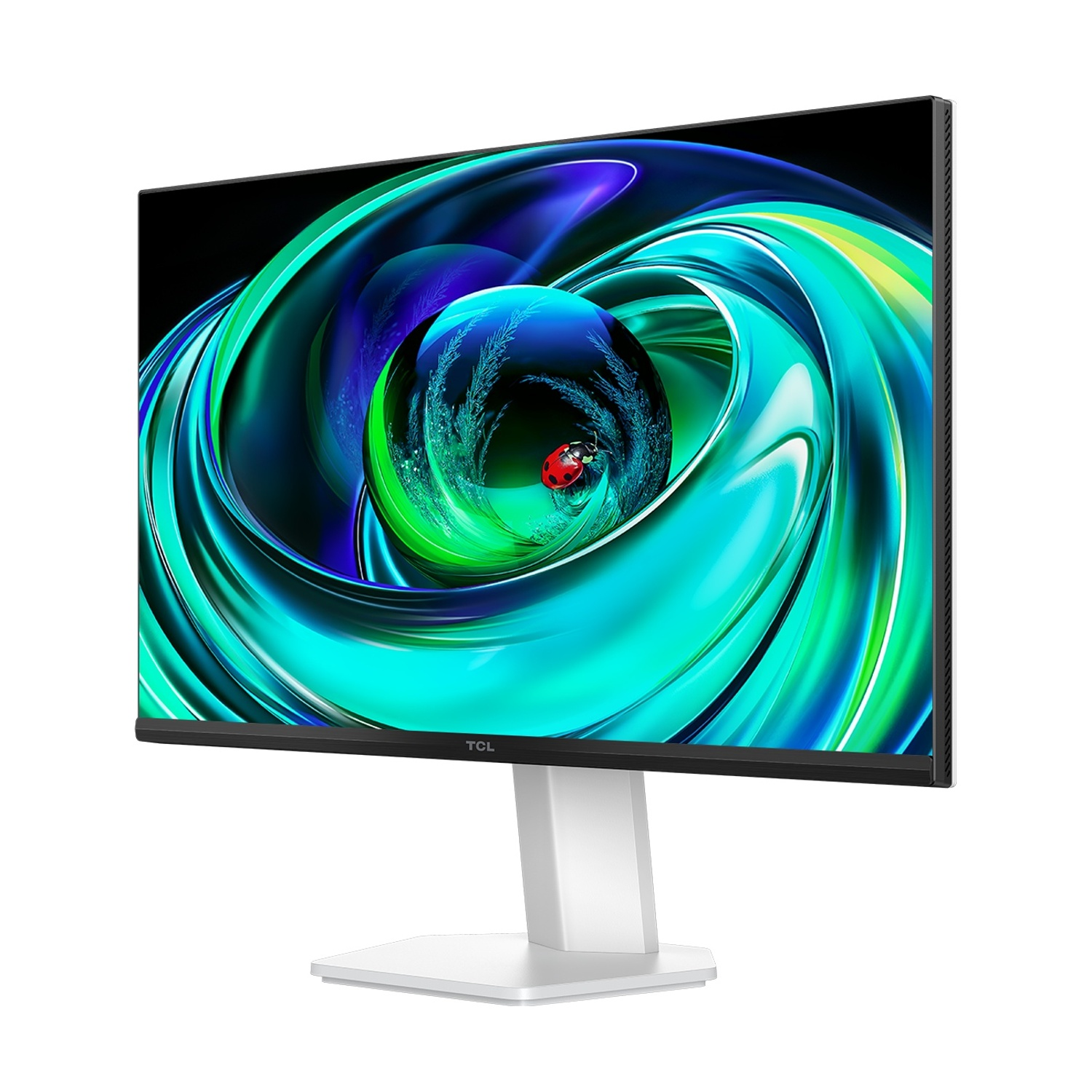 Un moderno monitor TCL con uno sfondo vorticoso e colorato con una coccinella.