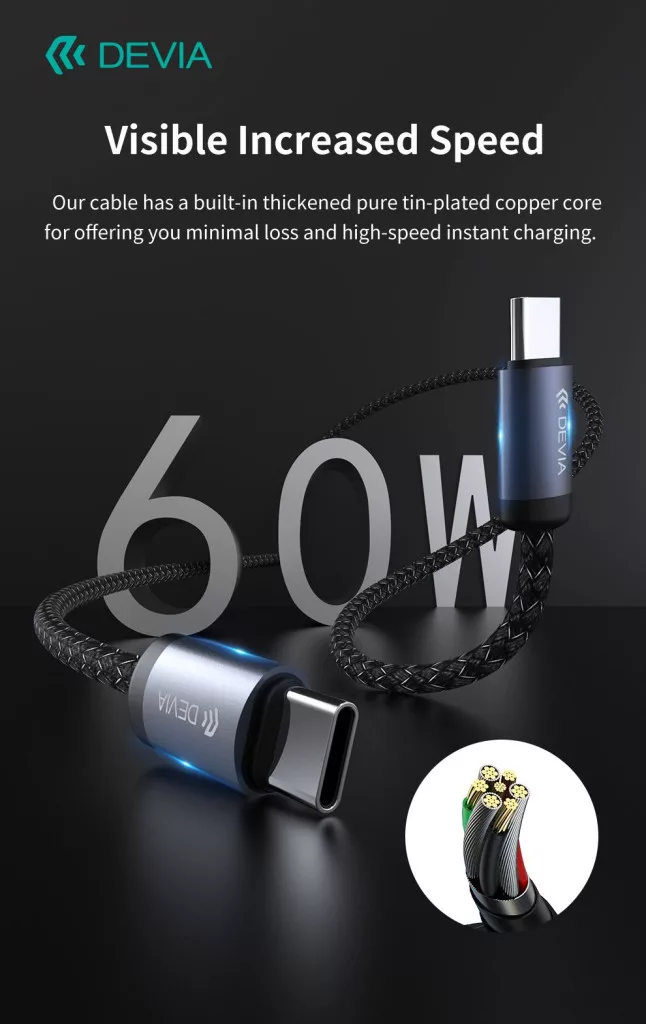 DEVIA kábel ezüst és kék USB-C csatlakozókkal, 60W.