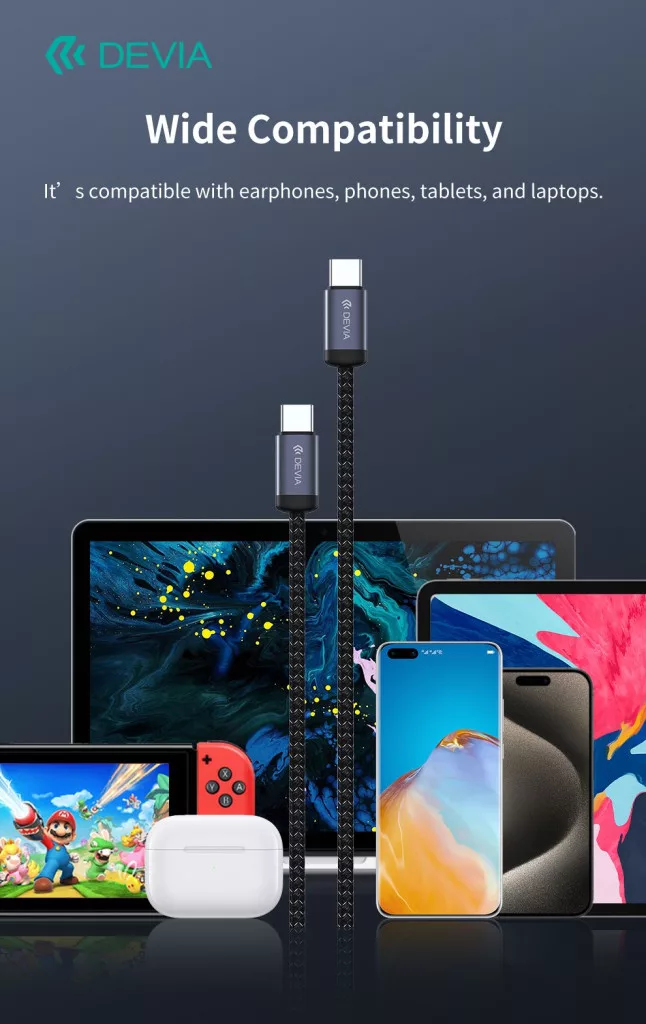 A Devia USB-C kábelek különféle eszközöket csatlakoztatnak, mint telefonok, táblagépek, laptopok és konzolok.