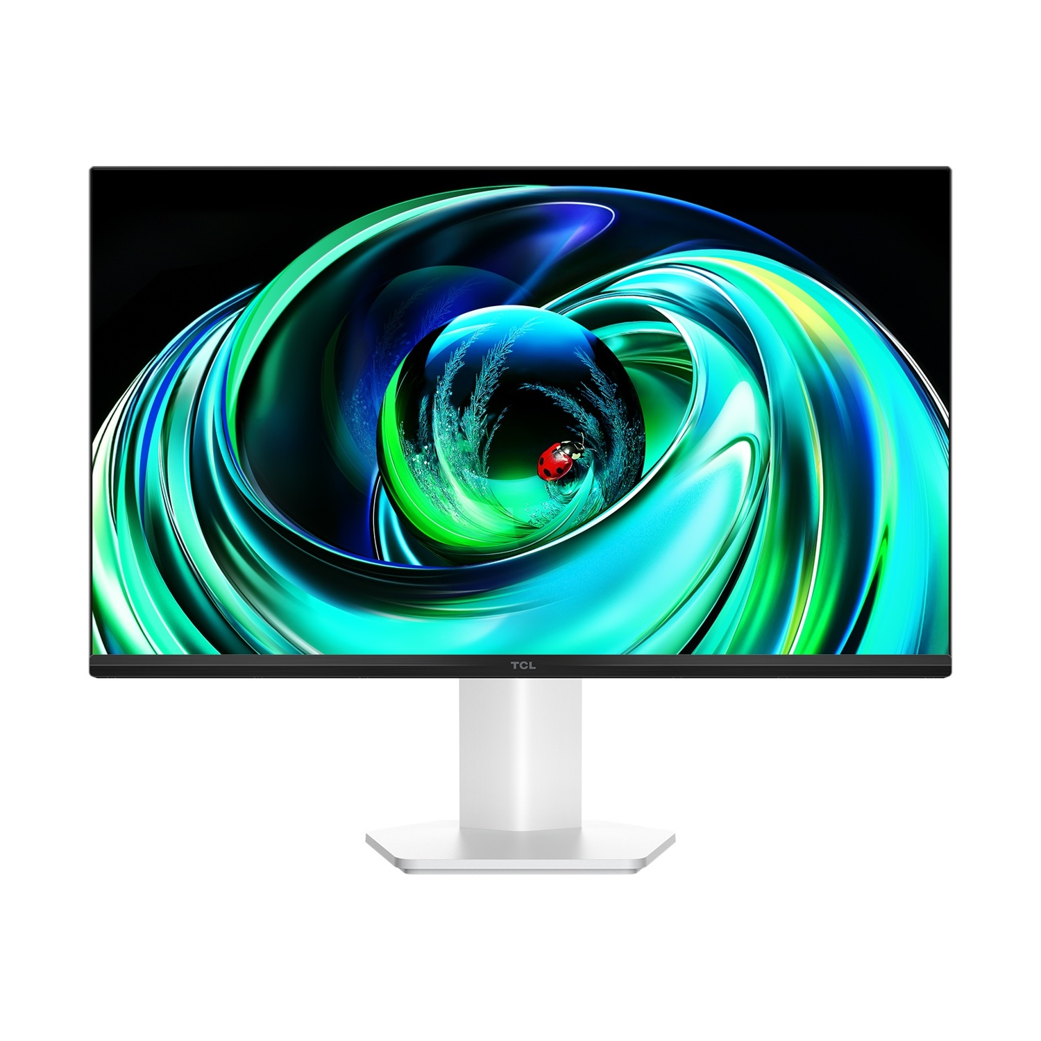 Un moderno monitor TCL con uno sfondo astratto e colorato.