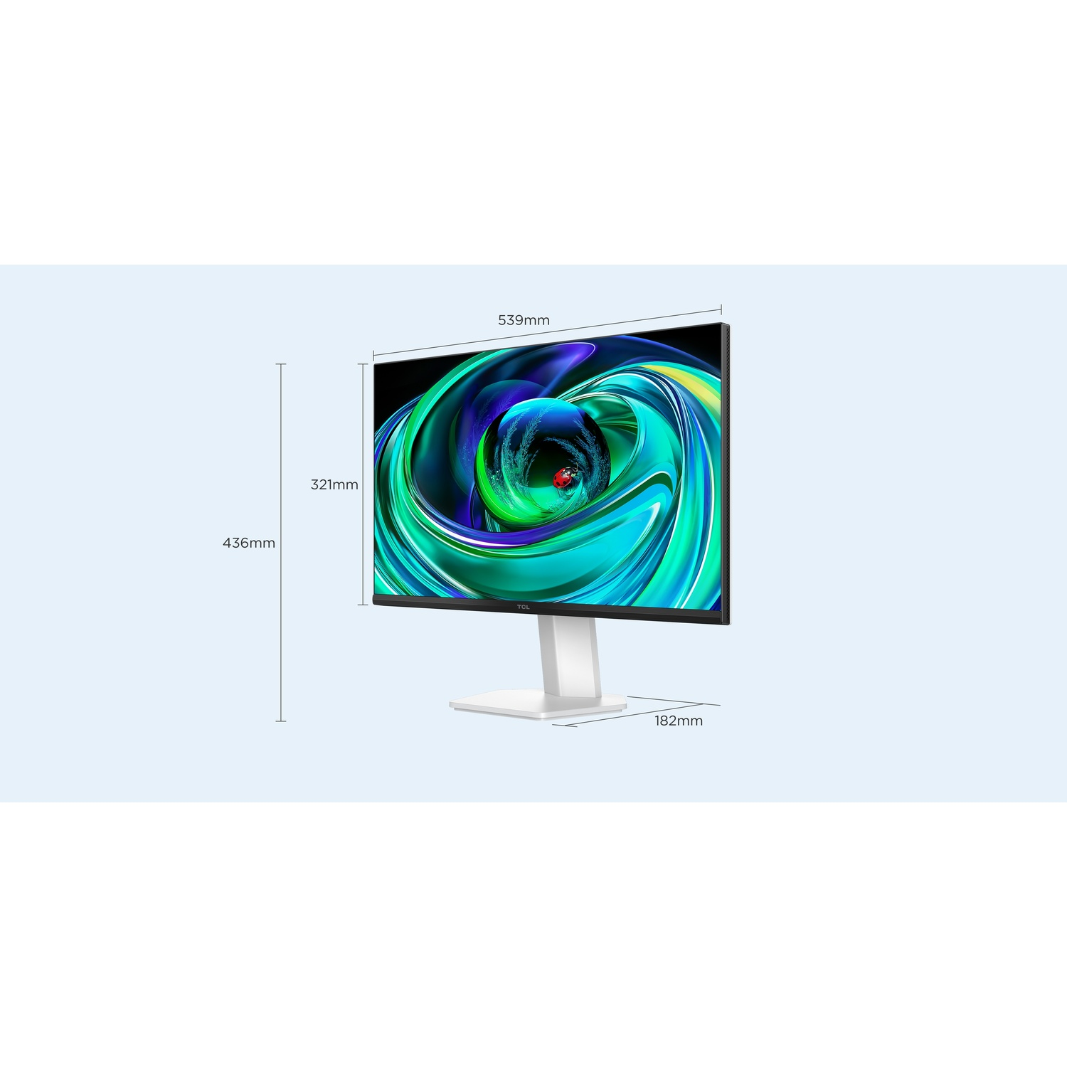 Monitor con arte astratta vibrante sullo schermo, dimensioni mostrate.