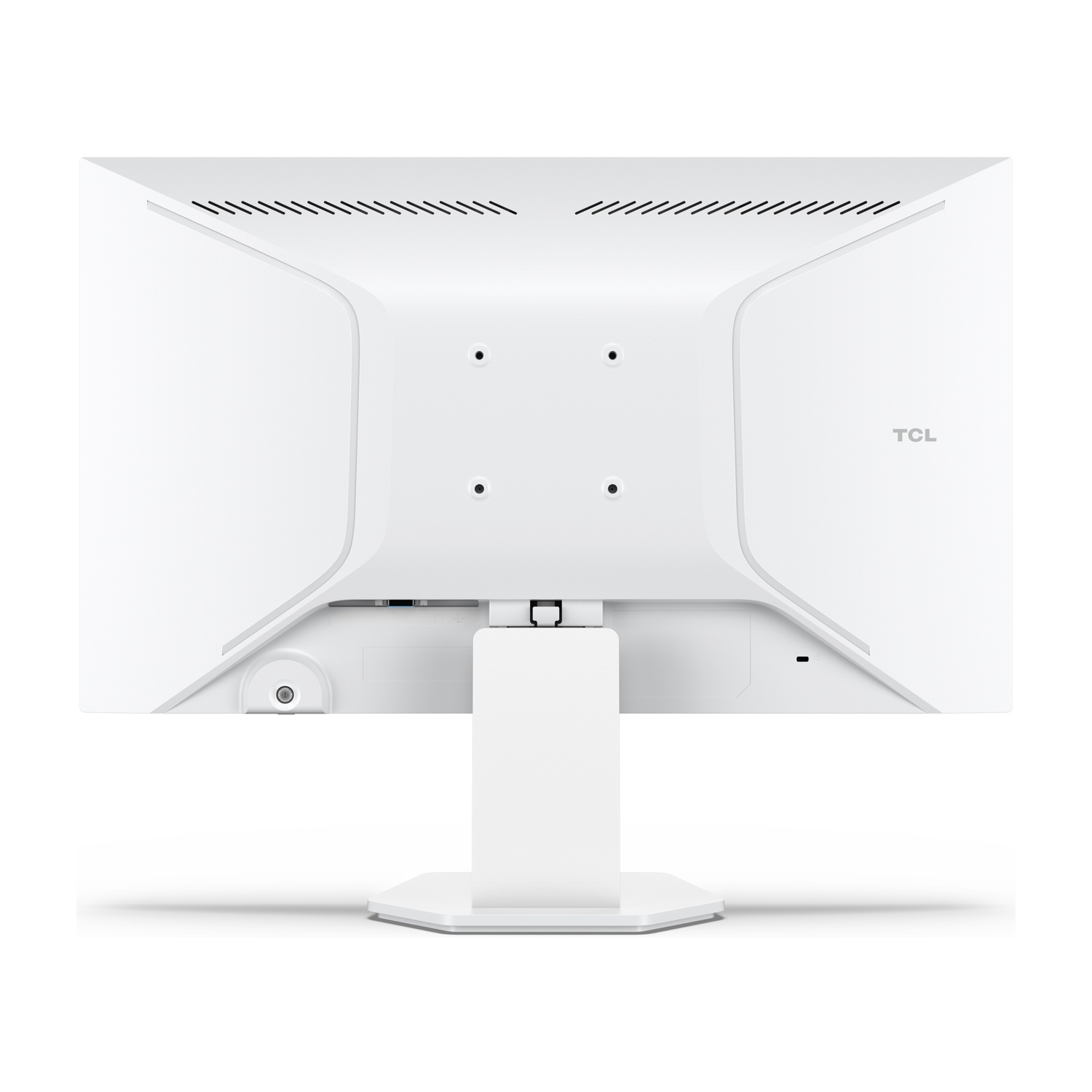 Retro di un monitor bianco con logo TCL e porte.