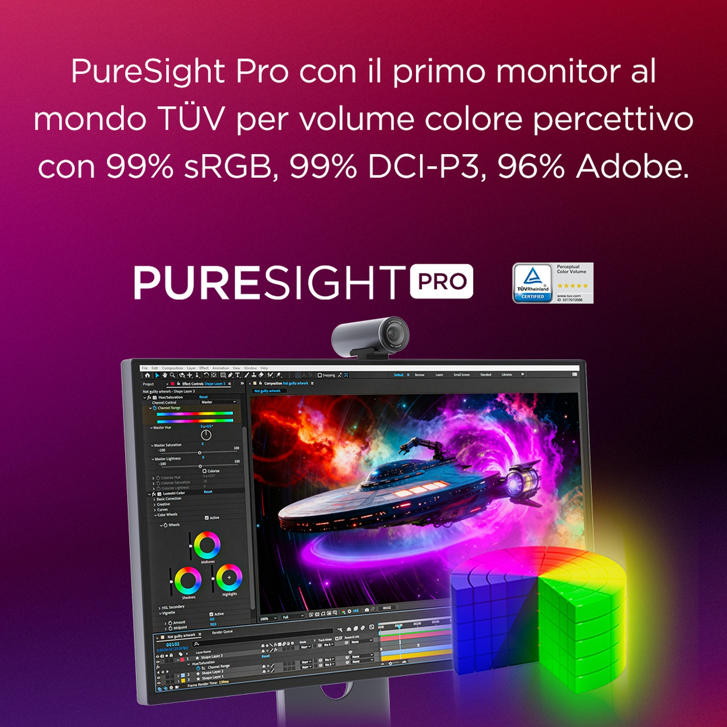 Un monitor con interfaccia software, scena spaziale, ruota colori e webcam.