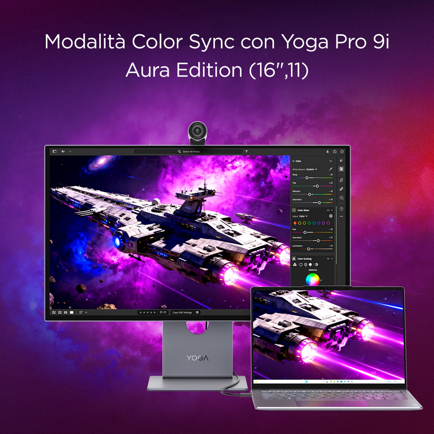 Laptop e monitor mostrano un'astronave nello spazio. Testo: Modalità Color Sync.