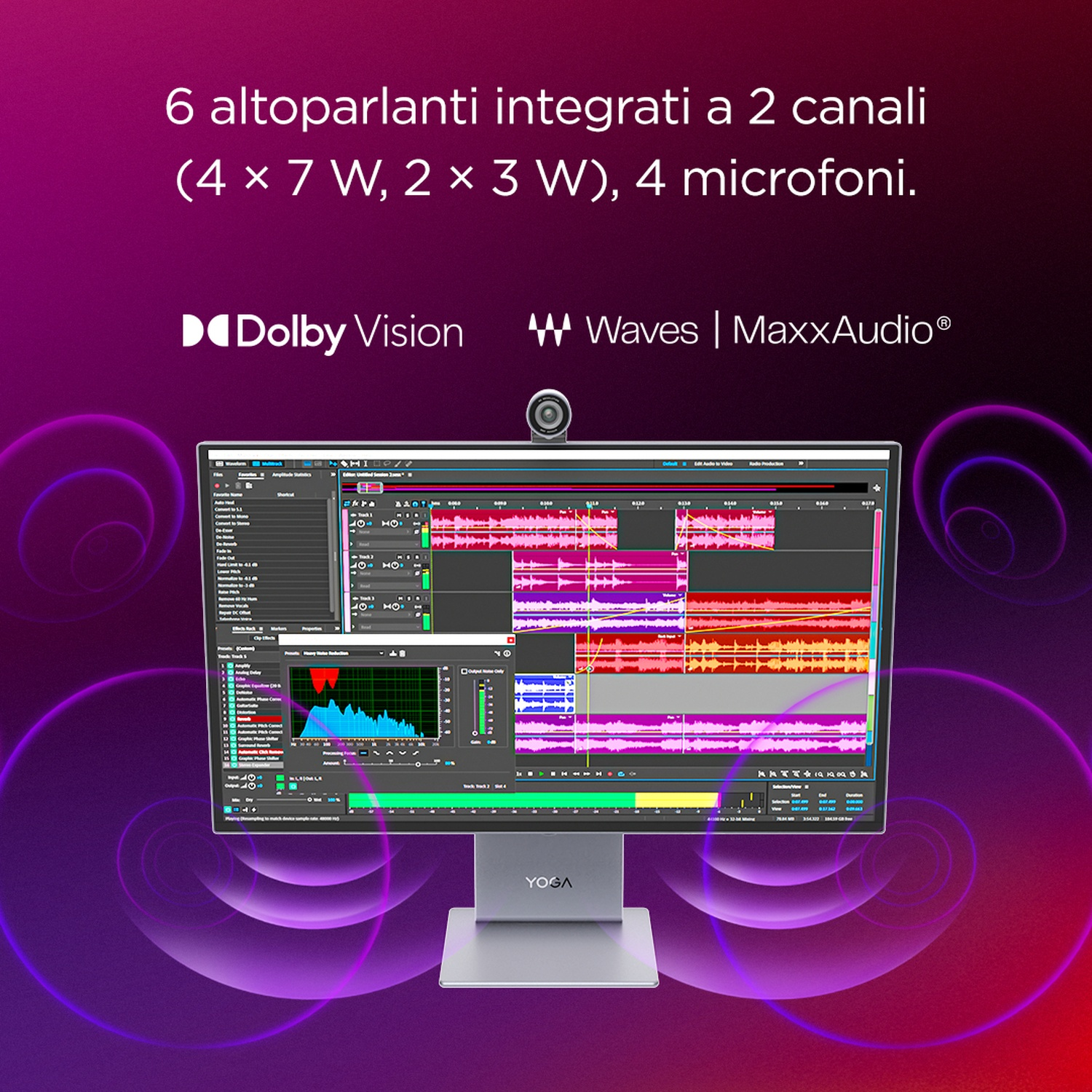 Monitor del computer con software audio e logo Yoga. Cerchi viola sullo sfondo.