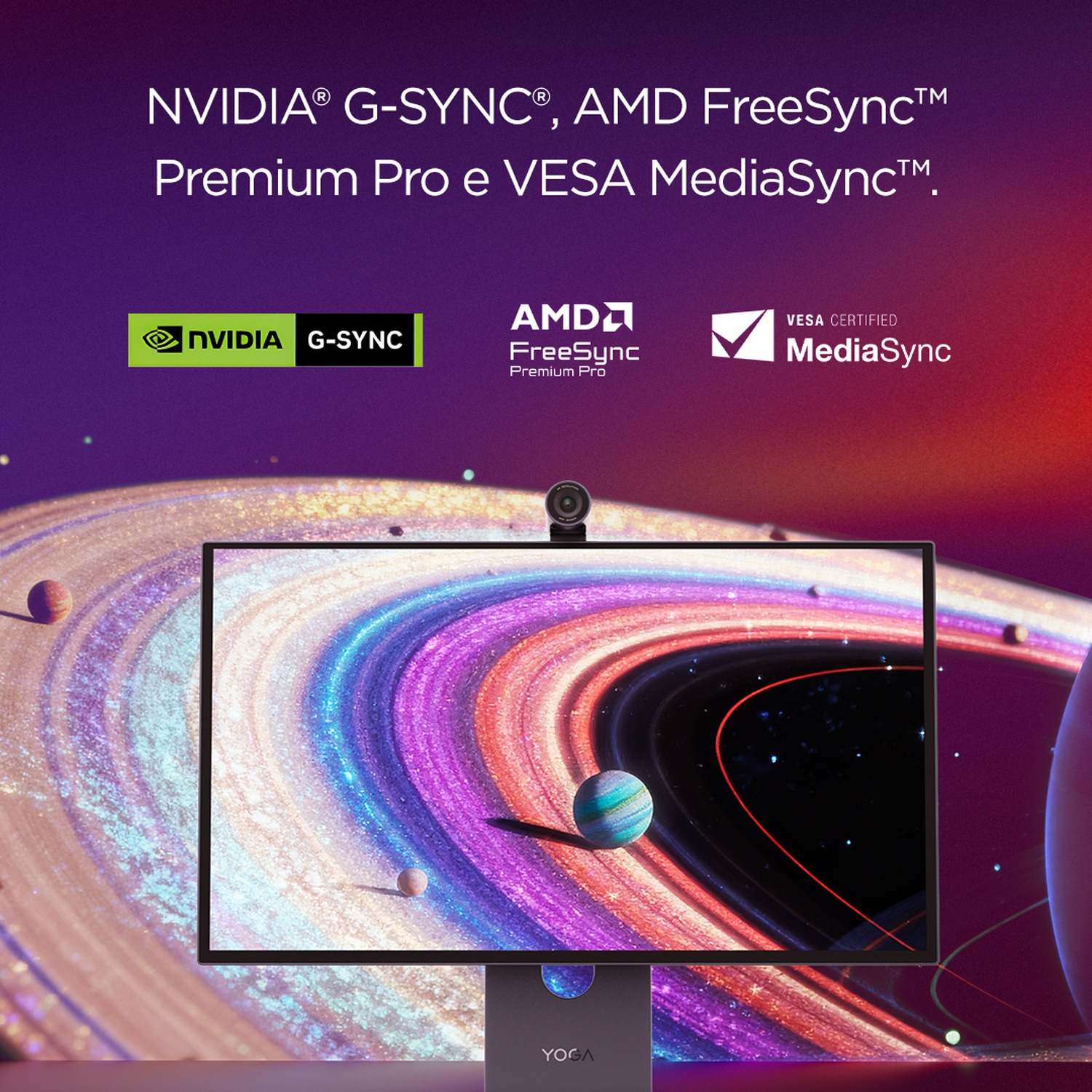 Il monitor mostra anelli colorati, con loghi NVIDIA, AMD e VESA.