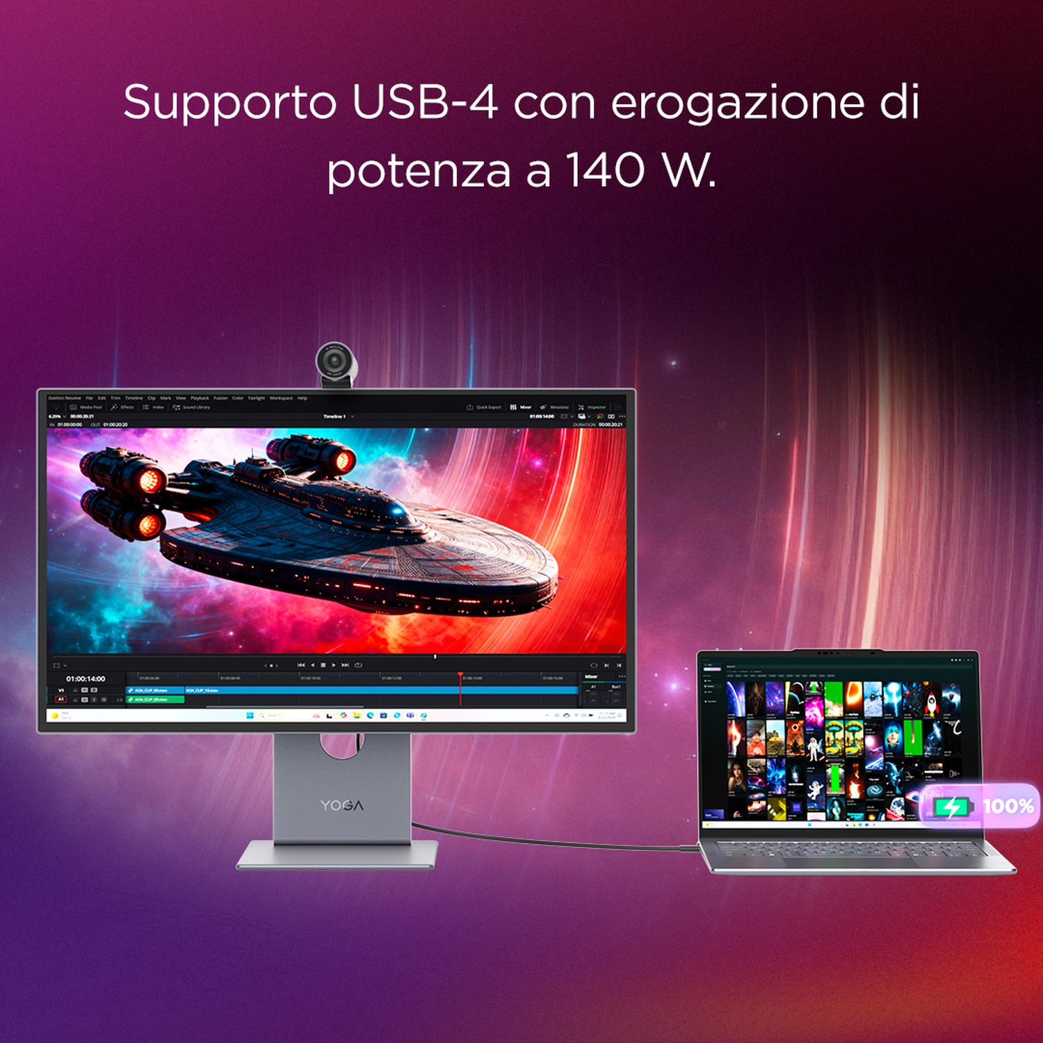 Monitor con un'astronave e laptop al 100%. Testo su USB-4.