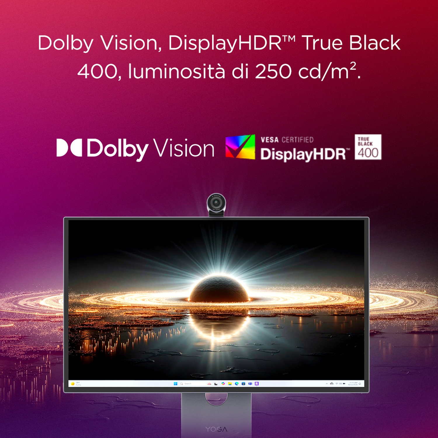 Un monitor mostra una scena cosmica con Dolby Vision e DisplayHDR 400.