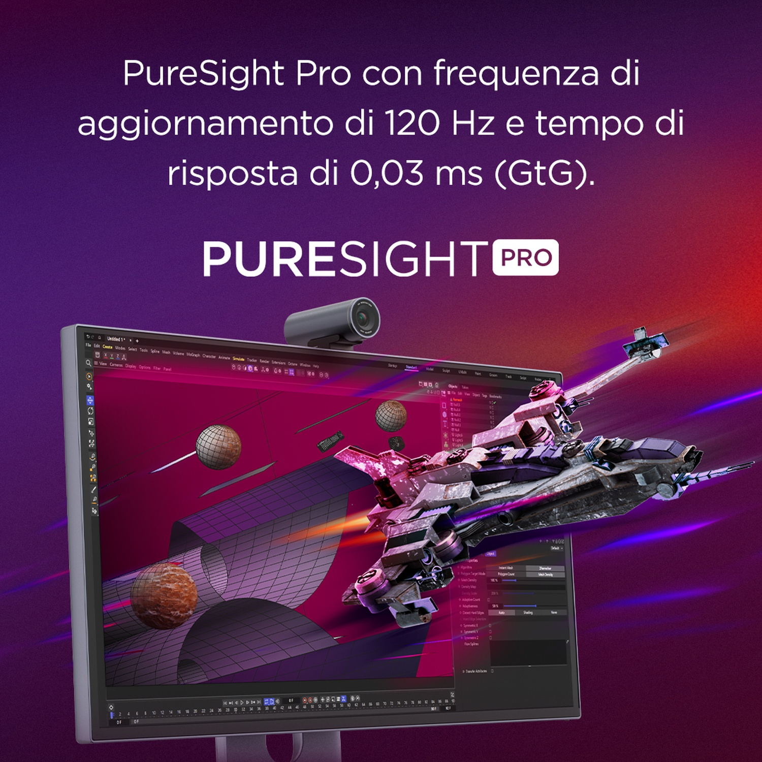 Un monitor mostra un modello 3D di astronave in software di editing.