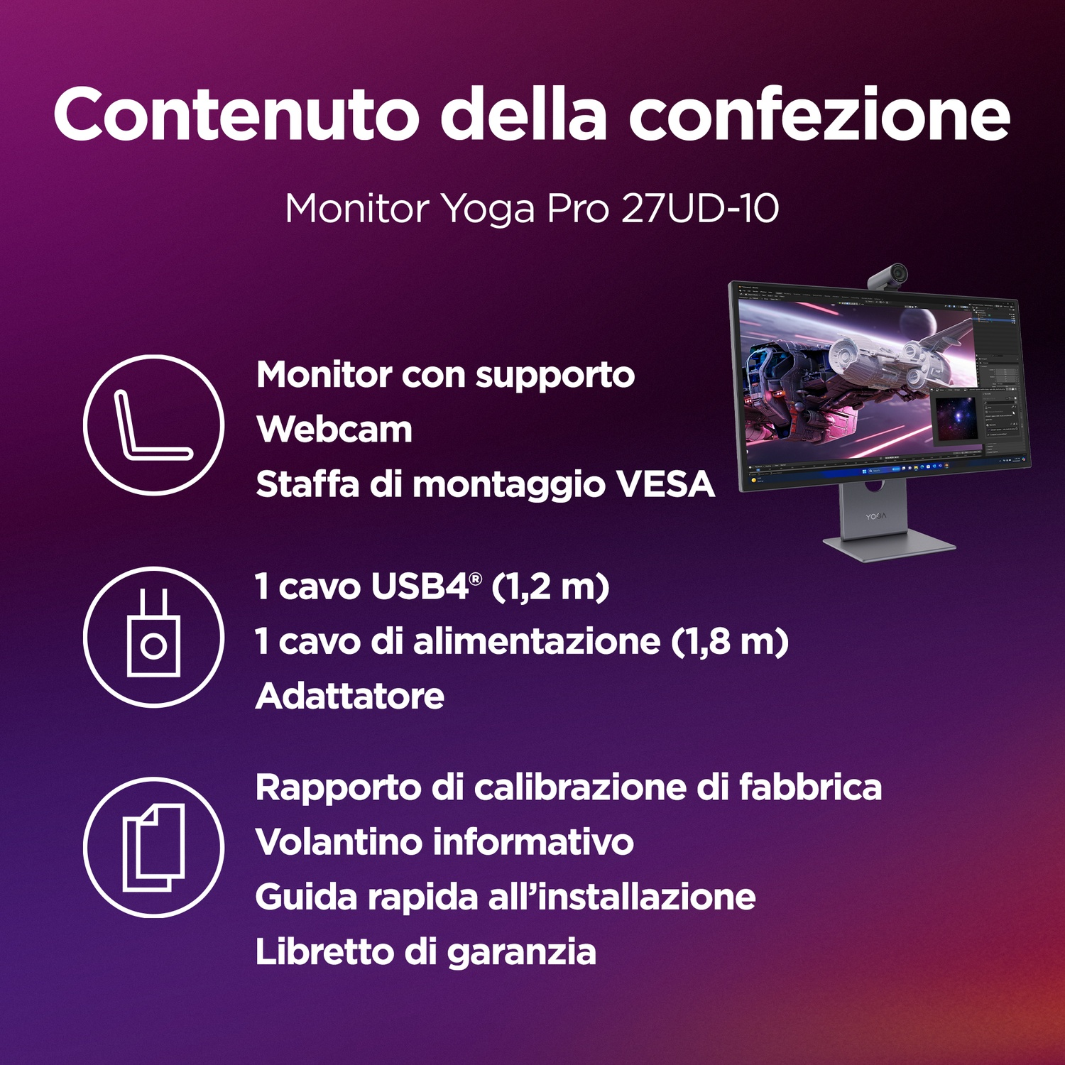 Contenuto della confezione: Monitor, webcam, supporto, cavi, adattatore, report, manuali.