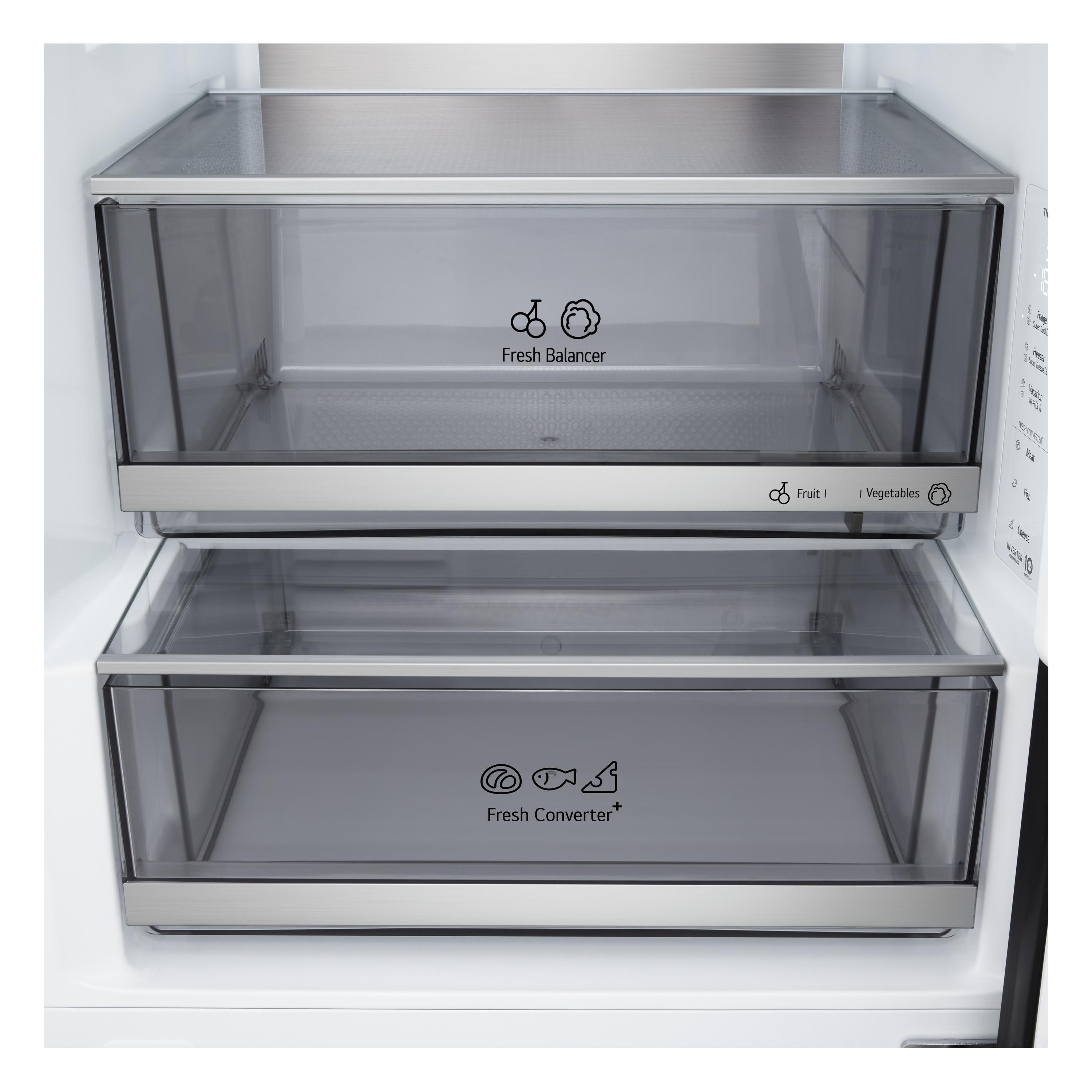 Zwei transparente Schubladen in einem Kühlschrank mit Symbolen für Obst und Gemüse.