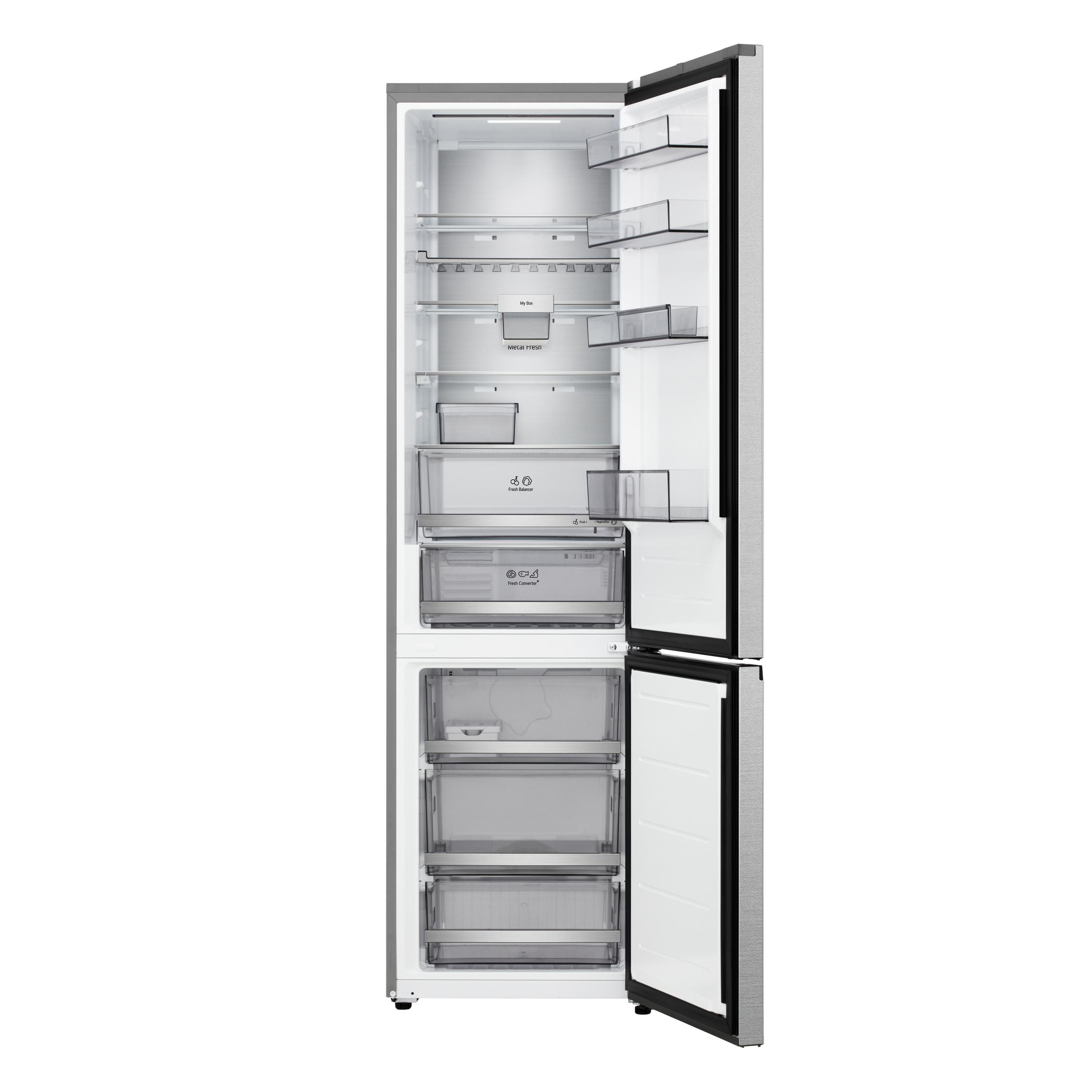 Ein offener Kühlschrank mit mehreren Regalen, Schubladen und Türfächern.