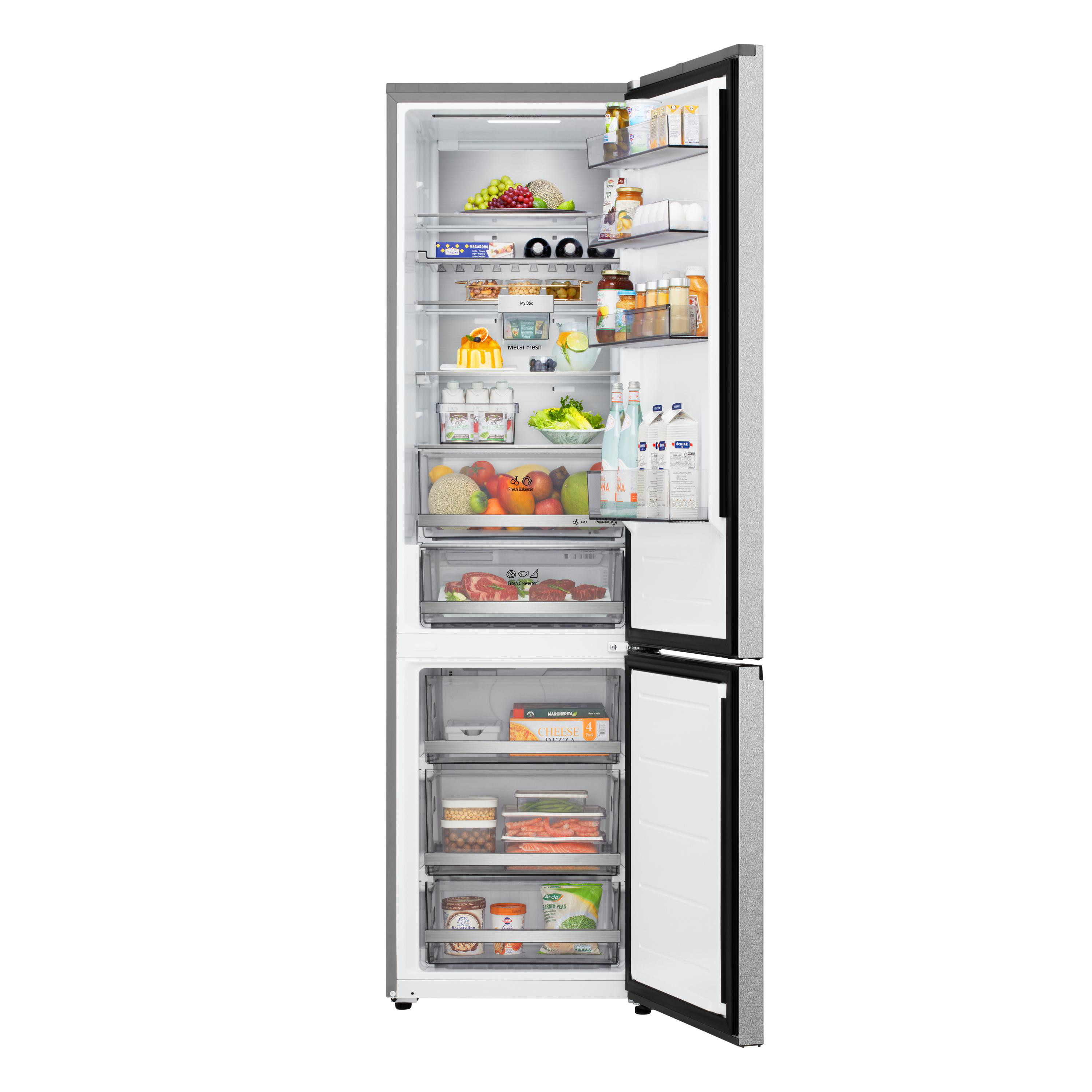 Ein offener Kühlschrank mit Lebensmitteln wie Obst, Gemüse, Fleisch und Getränken.