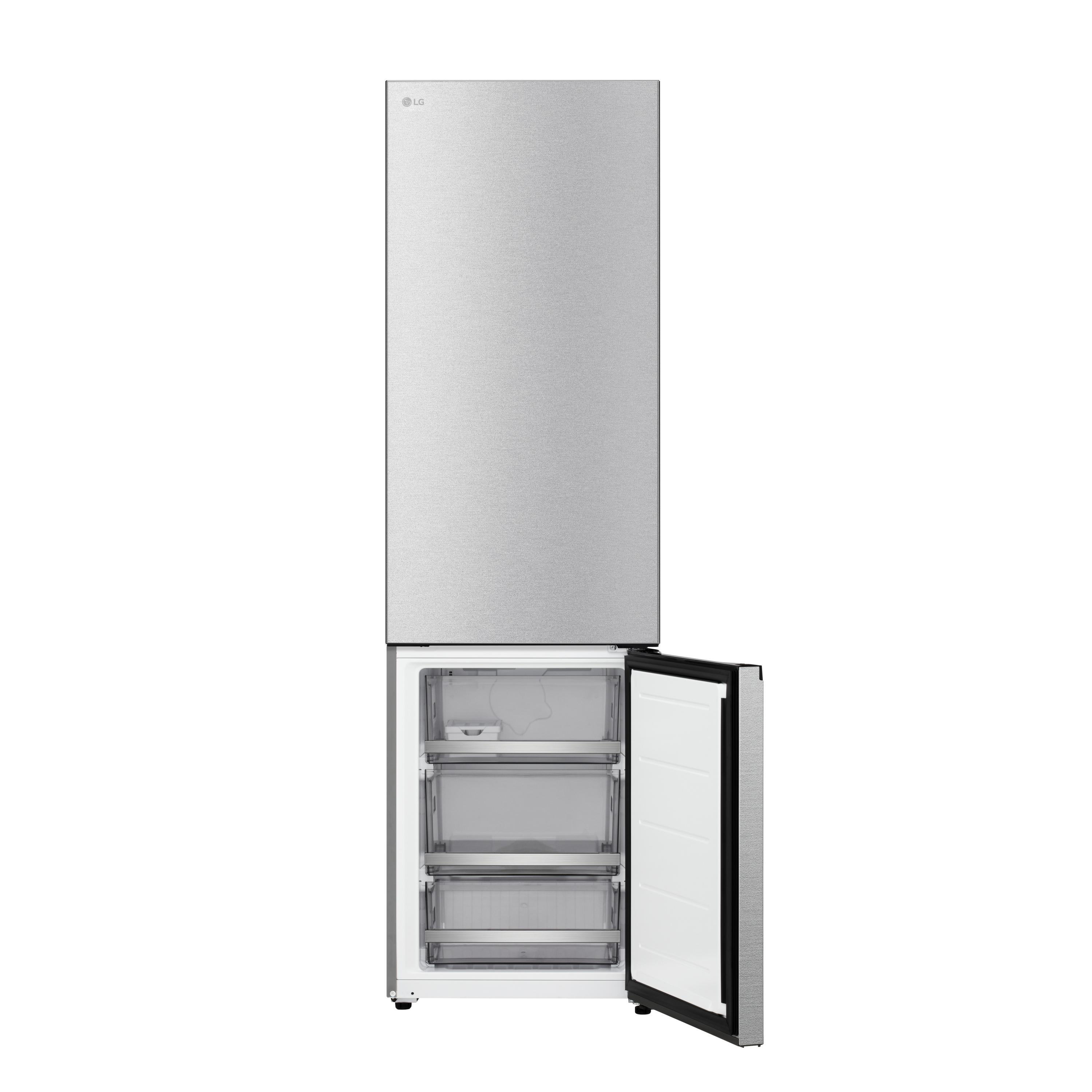Ein silberner LG Kühlschrank mit geöffneter Gefrierschublade.