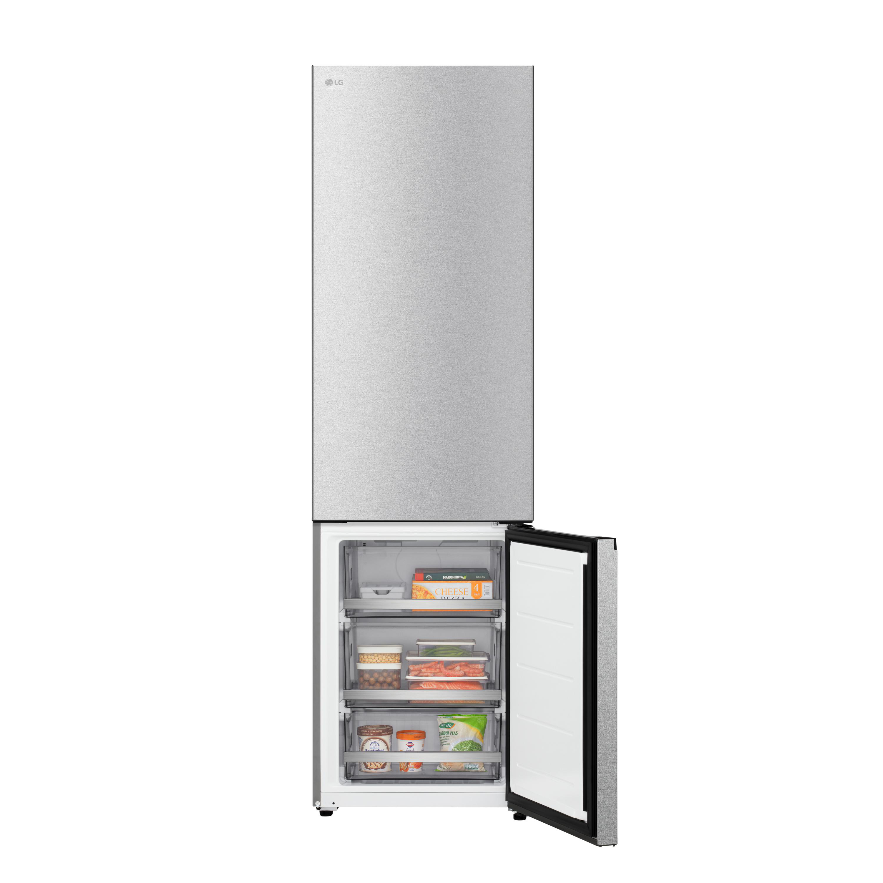 Ein silberner LG-Kühlschrank mit geöffneter Gefriertür, gefüllt mit Lebensmitteln.